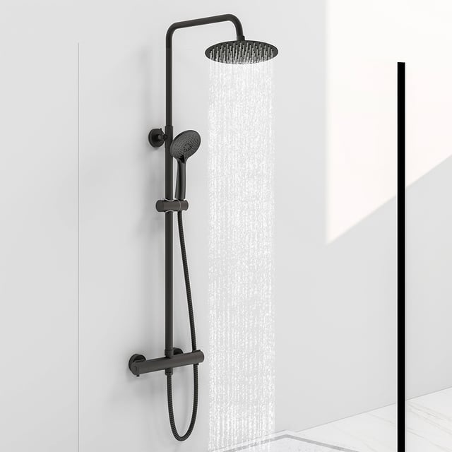 Aica Kit doccia circolare con rubinetto doccia termostatico, doccetta a 3 getti, altezza regolabile 73-117cm, nero opaco, anti scotto e anticalcare