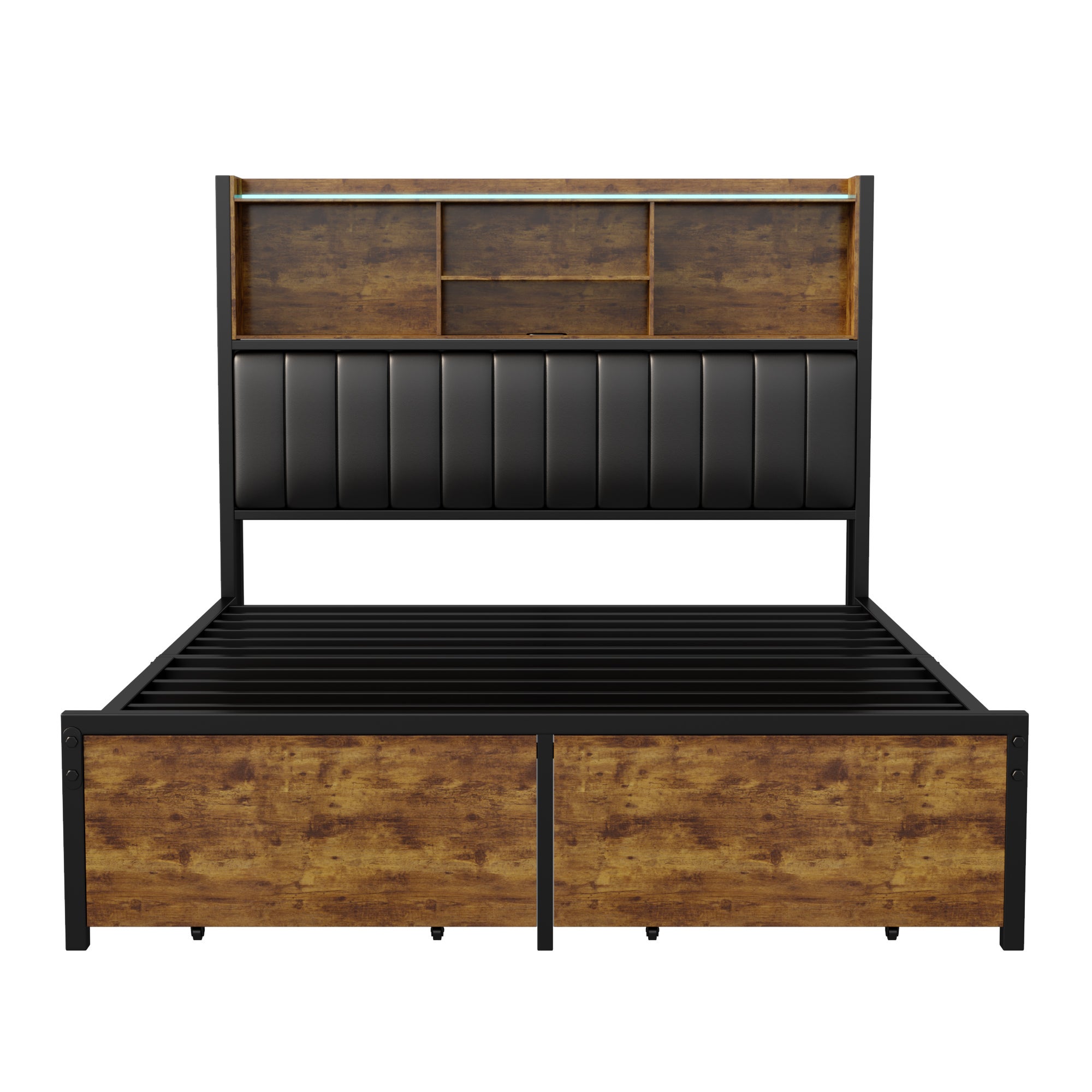 Lit double 160x200 cm avec LED, cadre métal, 2 tiroirs, tête avec rangement, sommier lattes - 7