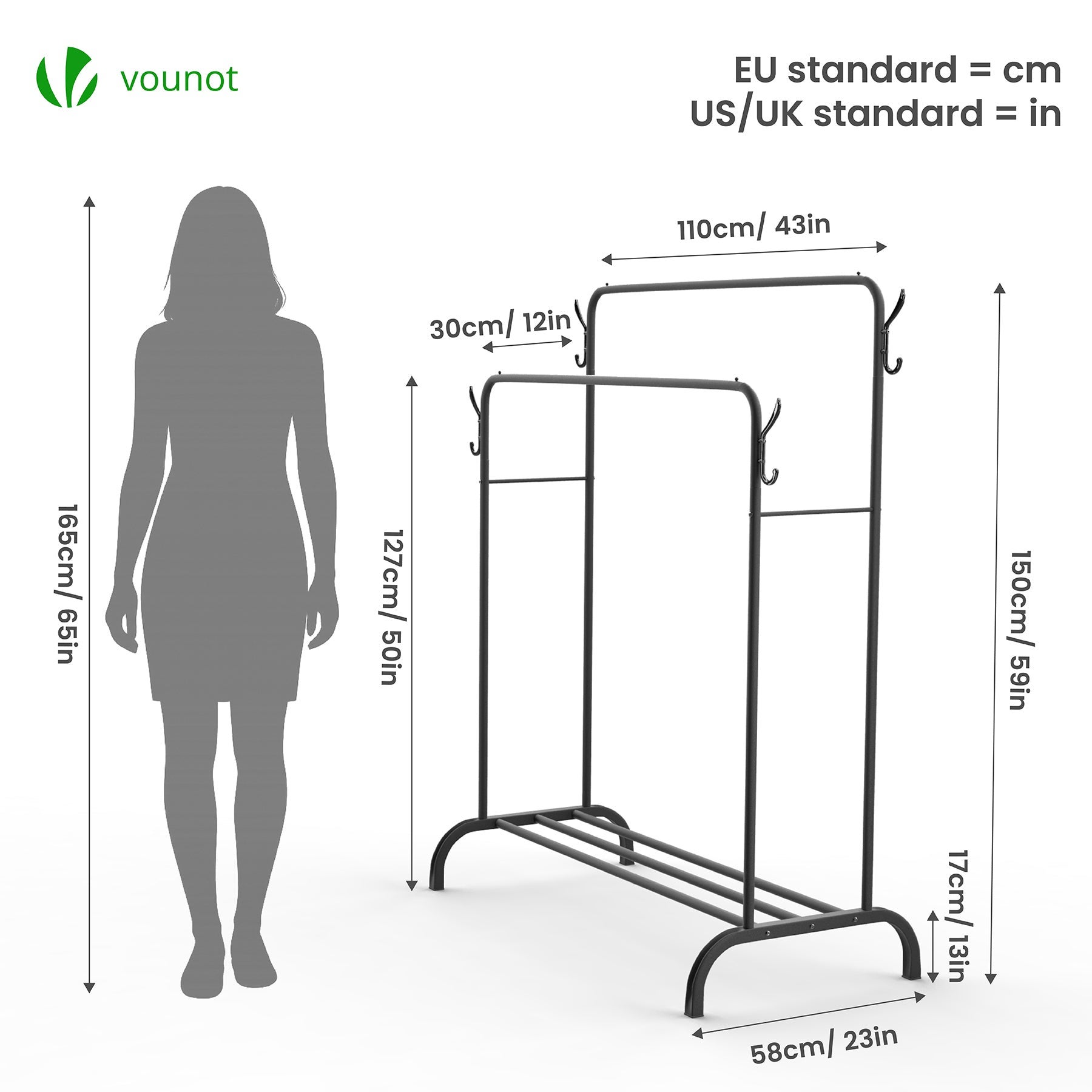 Portant a Vetements Double avec etagere Chaussures 4 Crochets Lateraux 110x58x150cm metal Noir VOUNOT® - 3