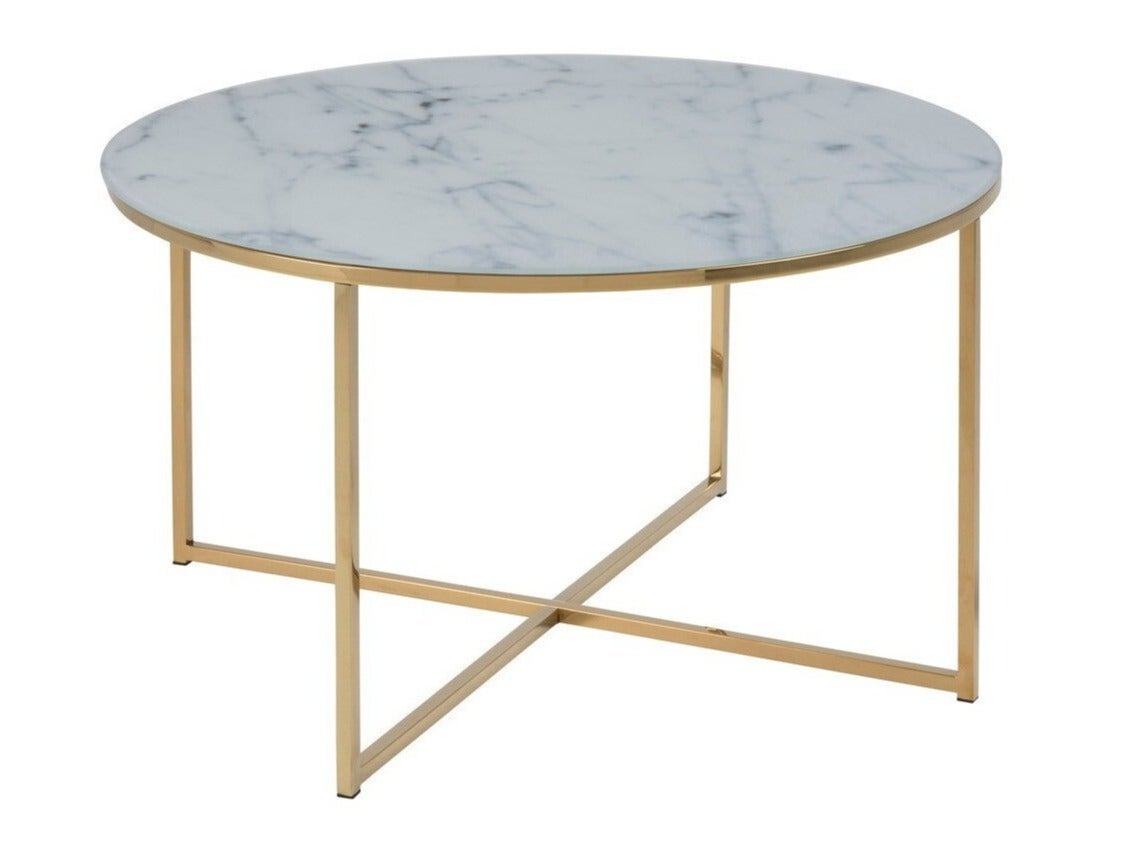 Stolik kawowy okrągły Alisma ACTONA szklany biały złota metalowa podstawa glamour 80 cm 1 szt.