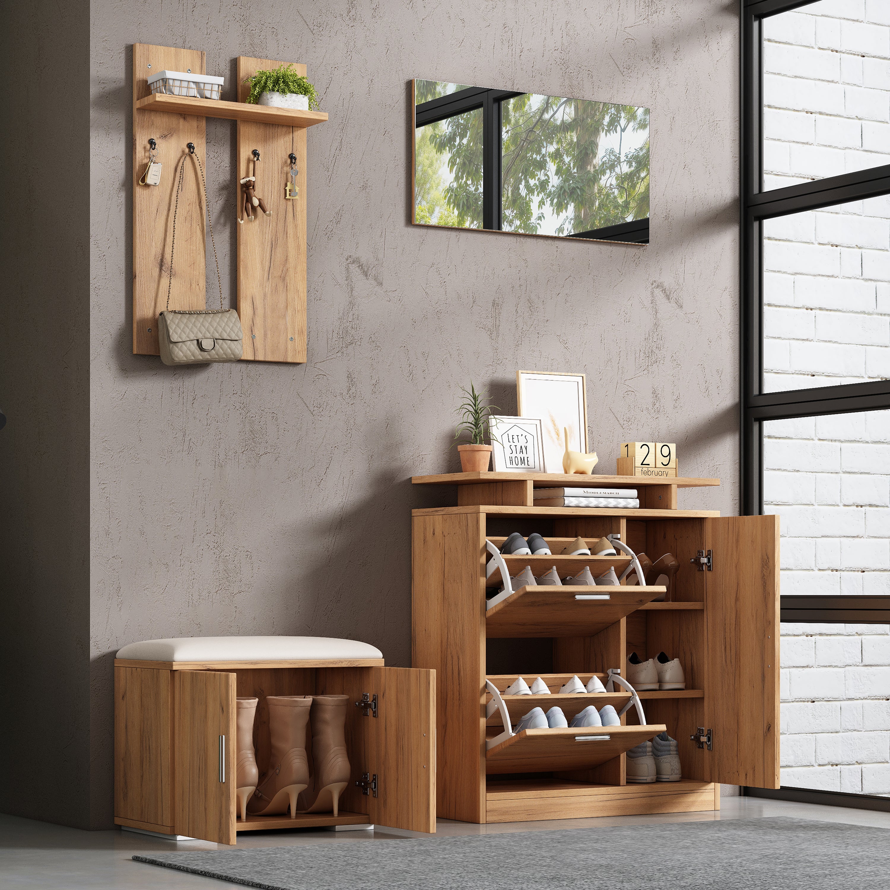 Set de meuble d'entrée, penderie murale avec banc à chaussures, miroir et 5 portes, naturel, 140×35×133 cm - 8