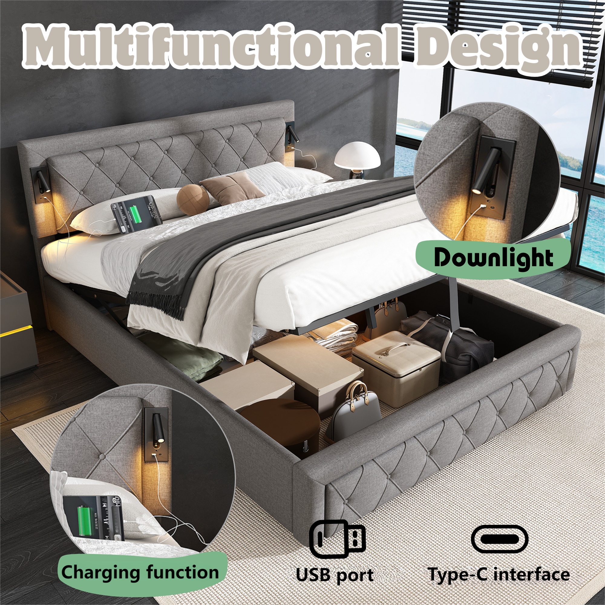 Cama contenedor de tela de lino 160x200 cm - con luz de lectura y toma USB - con somier - Gris - 2