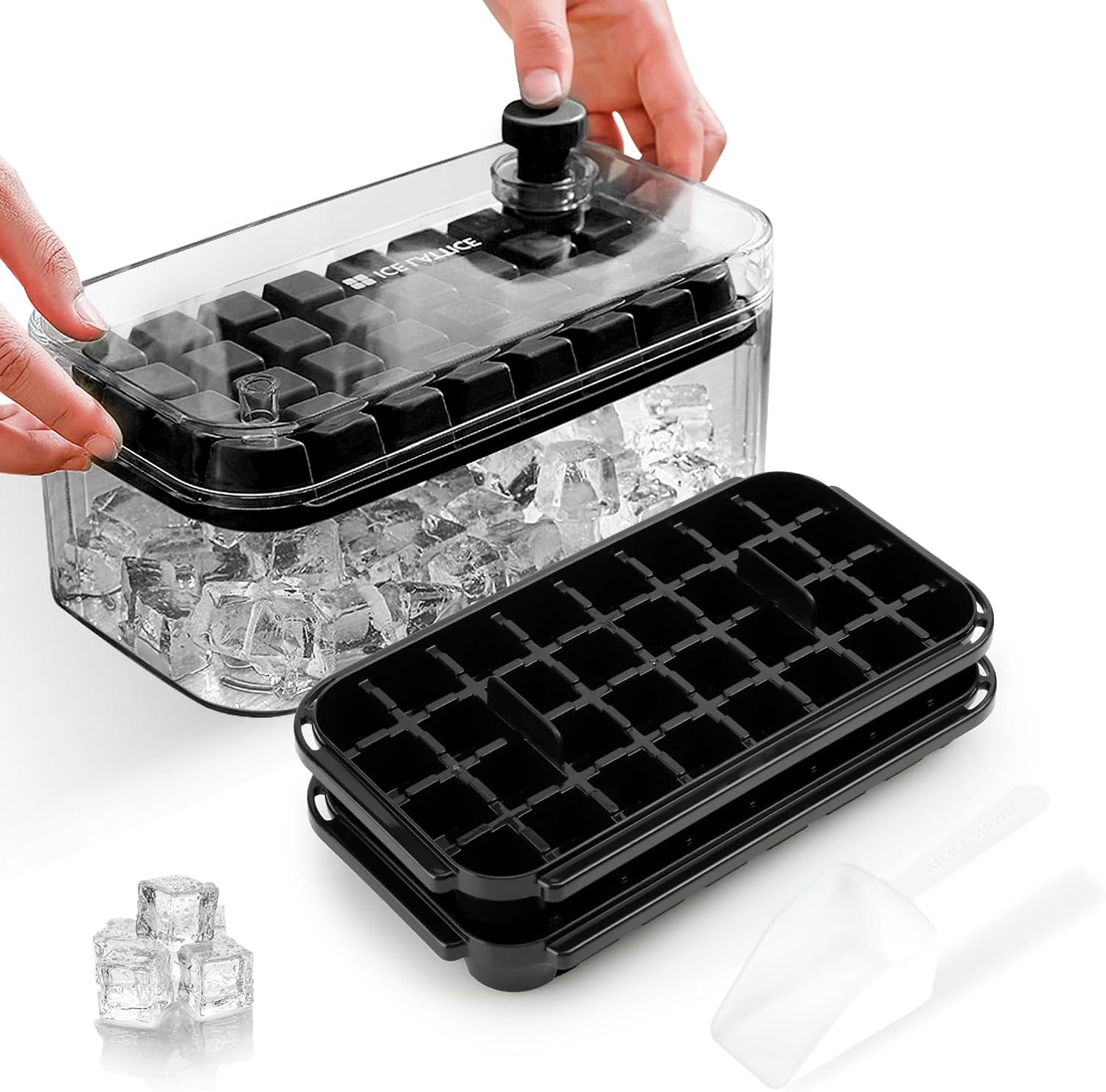 Bandeja de cubitos de hielo con tapa, libera instantáneamente todos los cubitos, 64 bandejas de cubitos cuadrados, fácil de retirar (negro)