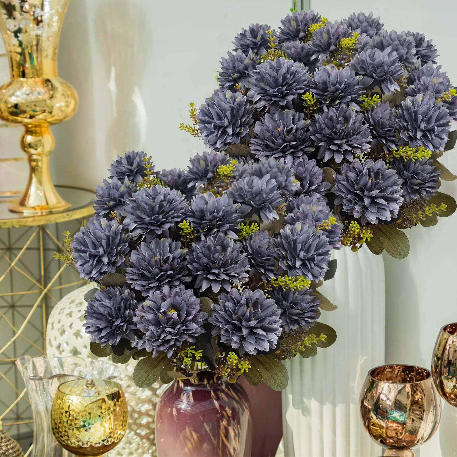 2 bouquets décoratifs de chrysanthèmes artificiels, 9 chrysanthèmes dans un petit bouquet, adaptés à la décoration de pots de fleurs dans le salon - 2