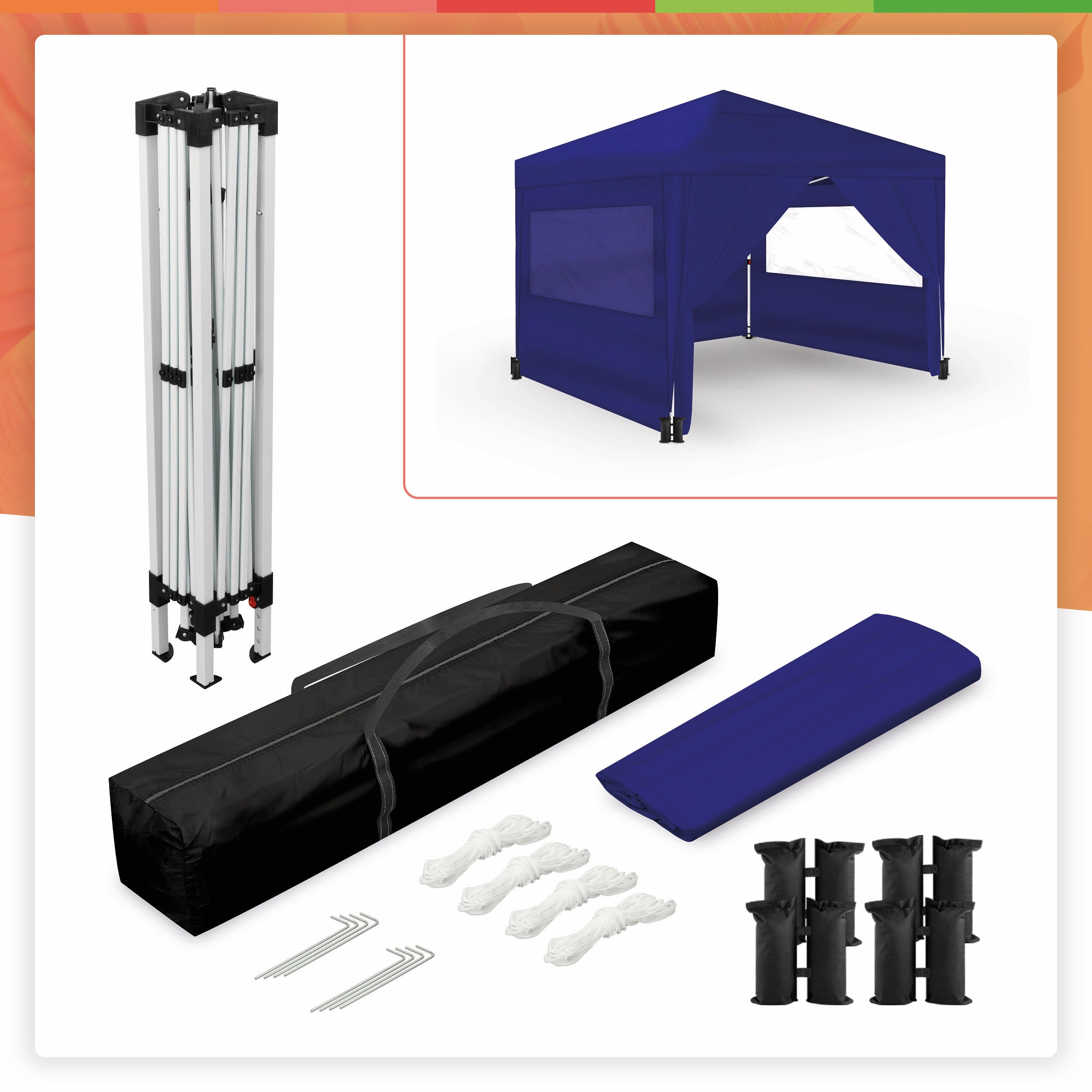 Wasabi - Carpa plegable 3x3 m Azul - 4 paredes laterales - Saco de transporte - Bolsas de arena para mayor aguante - Pérgola jardín - 8