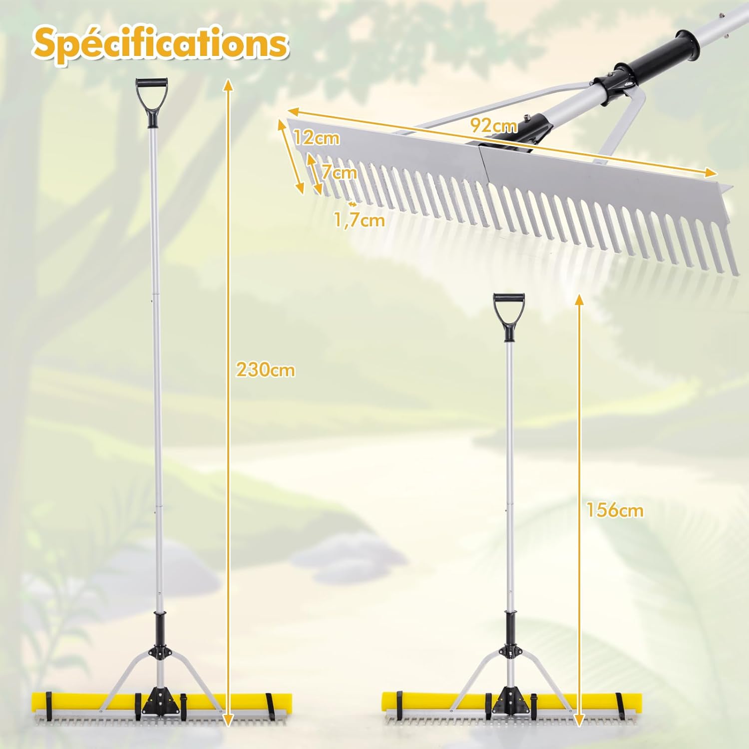 Pływający Grab do Jeziora na Chwasty 230x92CM, Składany Grab Aluminiowy, Regulowana Rączka Przedłużająca, 36 Zębów, Lina 600CM, do Trawnika, Stawu - 5