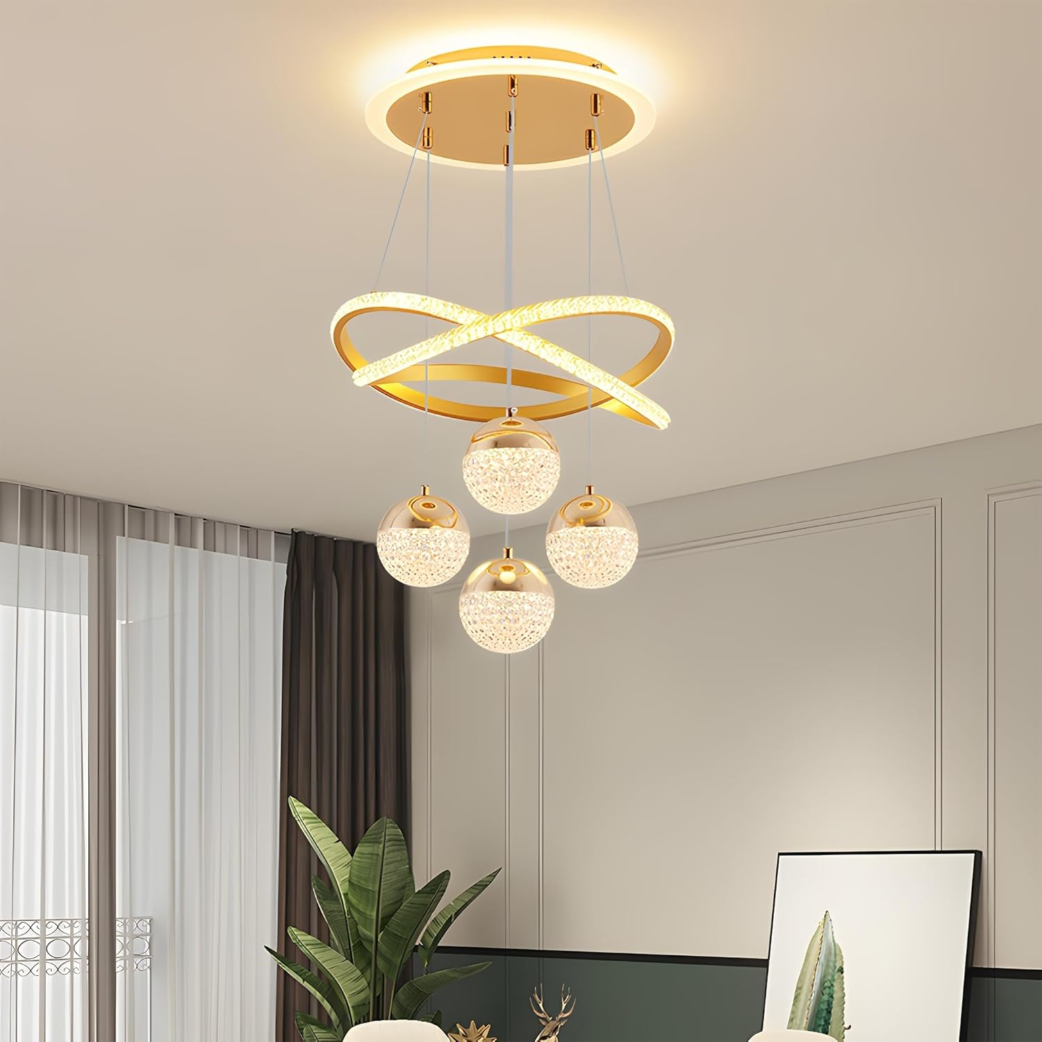 Lustre moderne de luxe, suspension LED 101 W, plafonnier LED à 4 têtes en acrylique, 3 températures de couleur réglables, hauteur réglable, φ 40 cm - 3