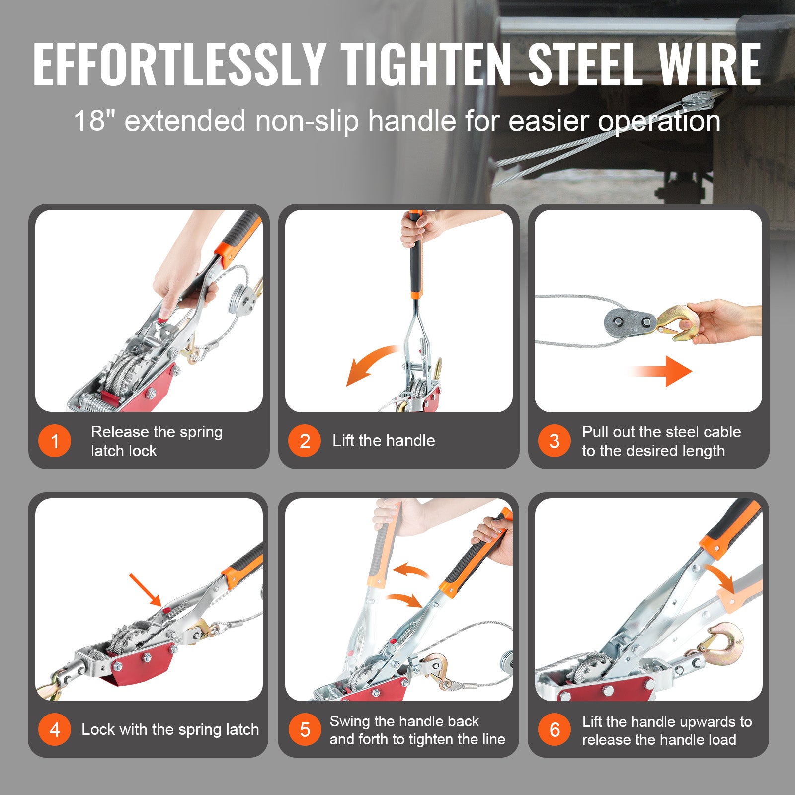 Guincho Forte VEVOR 4 Toneladas,Manual com 3 m de Corda de Aço e 3 Ganchos,Ferramenta de Doble Engrenagem,Resgate de Veículos - 6