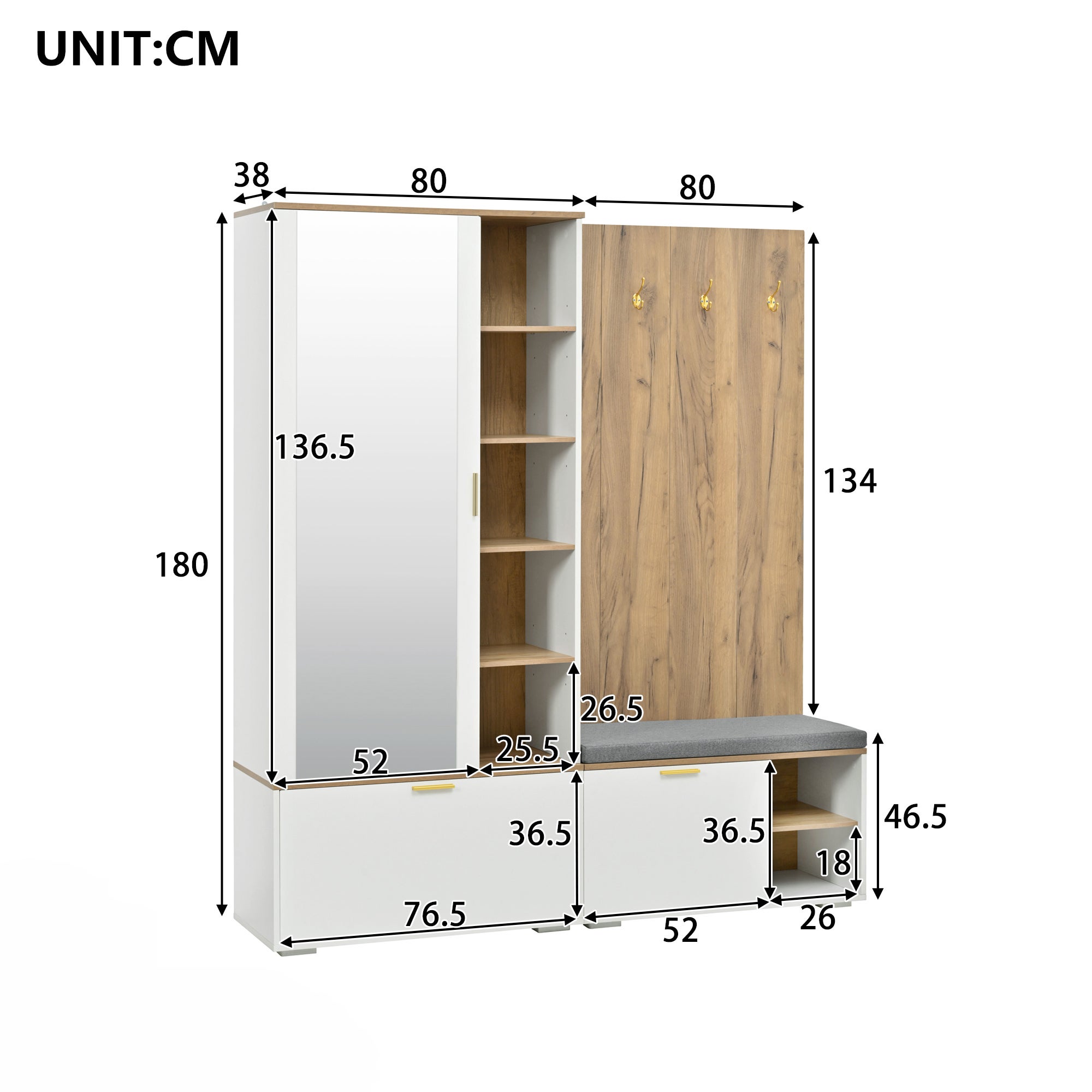 Ensemble meuble à chaussures avec banc, miroir, 4 crochets, porte-manteau et 3 portes - 160 x 38 x 180 cm - Panneau de particules - Naturel + blanc - 7