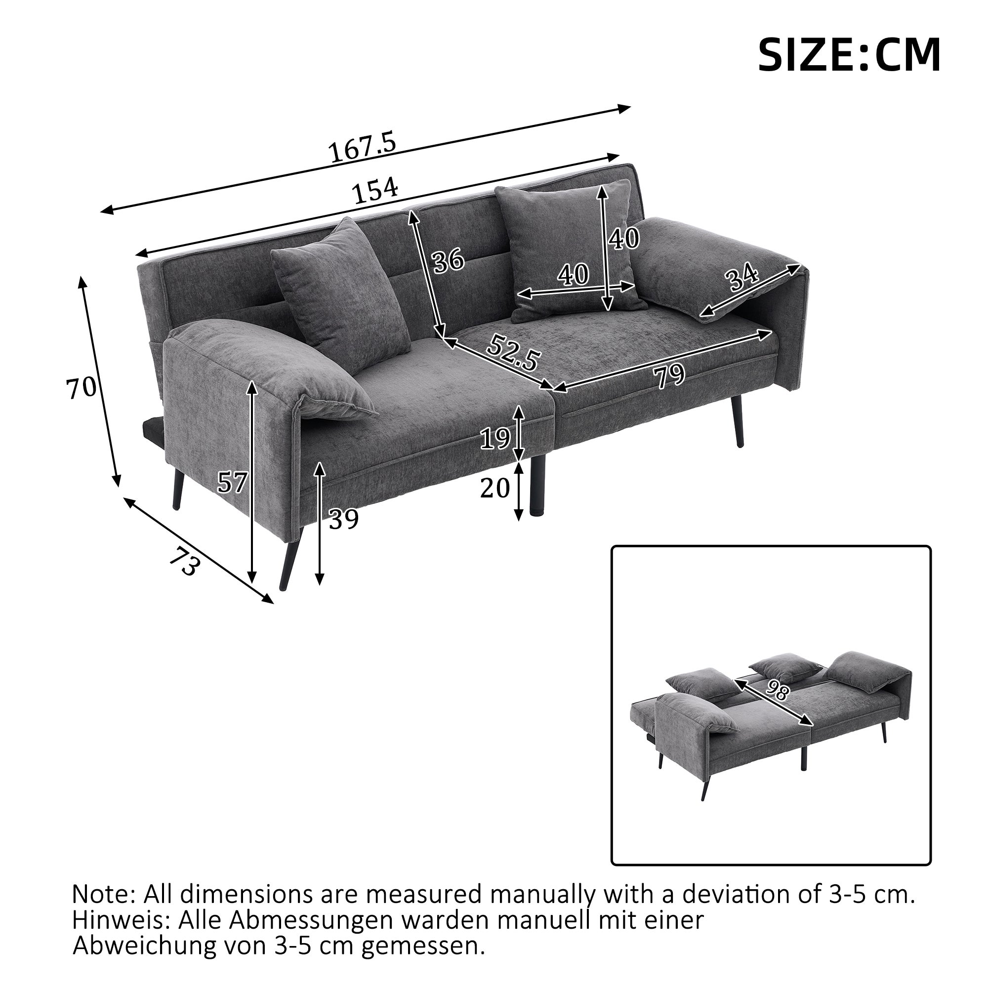 Sofa dwuosobowa z funkcją spania Click-Clack i 3-stopniową regulacją oparcia (100°–180°) – 167,5 x 73 x 70 cm – tkanina Chenille – szara - 7