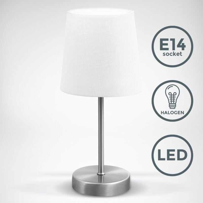 B.K.Licht nowoczesna lampa stołowa, biały materiał, podstawa z metalu niklowanego matowego, do żarówki LED E14, IP20