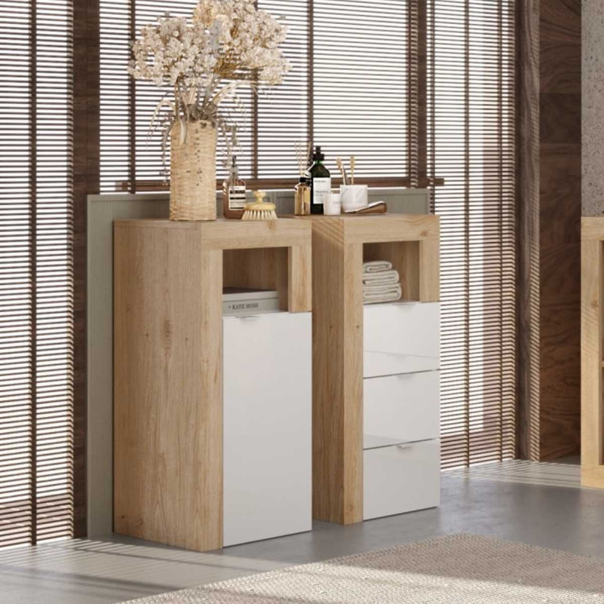 ARTURO - Rangement 1 porte blanc laqué et aspect bois finition Cadiz - 3