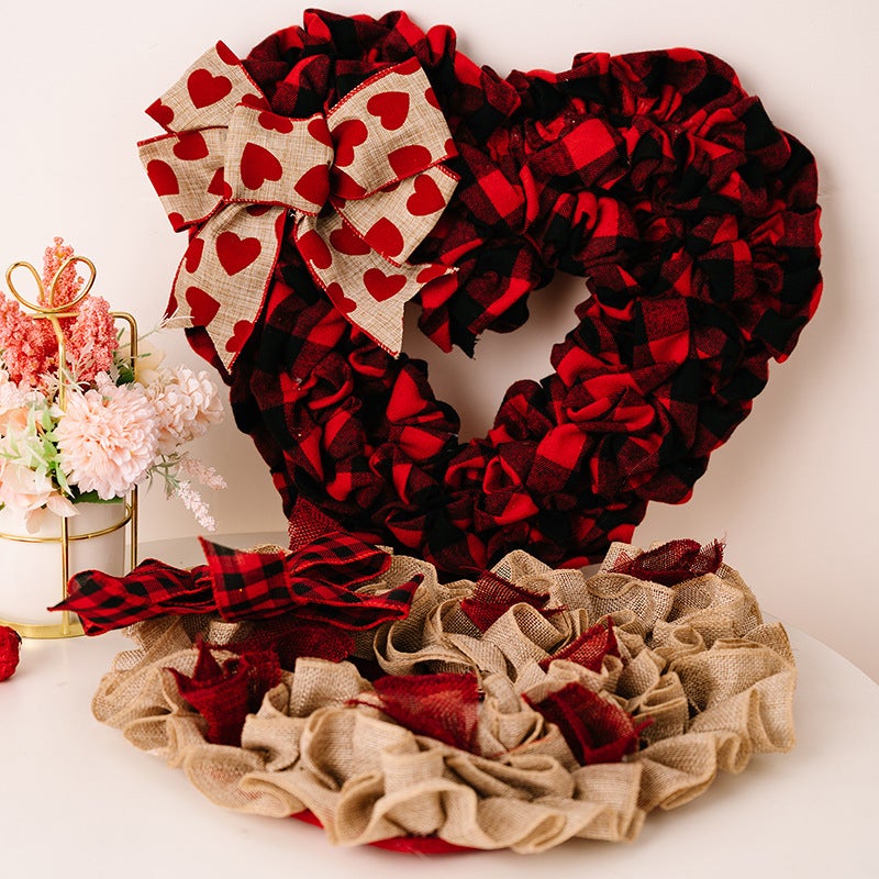 Ghirlanda a cuore di San Valentino, ghirlanda per porta a cuore rosso con fiocco scozzese - 3