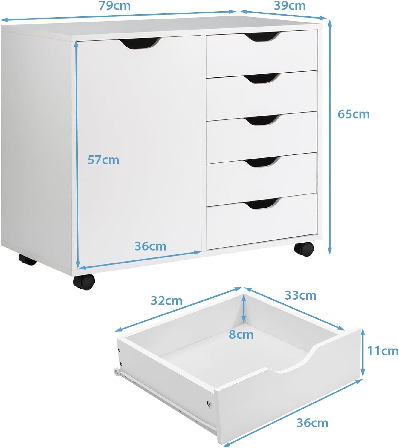 Caisson de Rangement à Roulettes 5 Tiroirs, Placard, Caisson Bureau Blanc avec Poignée Incurvée - 5