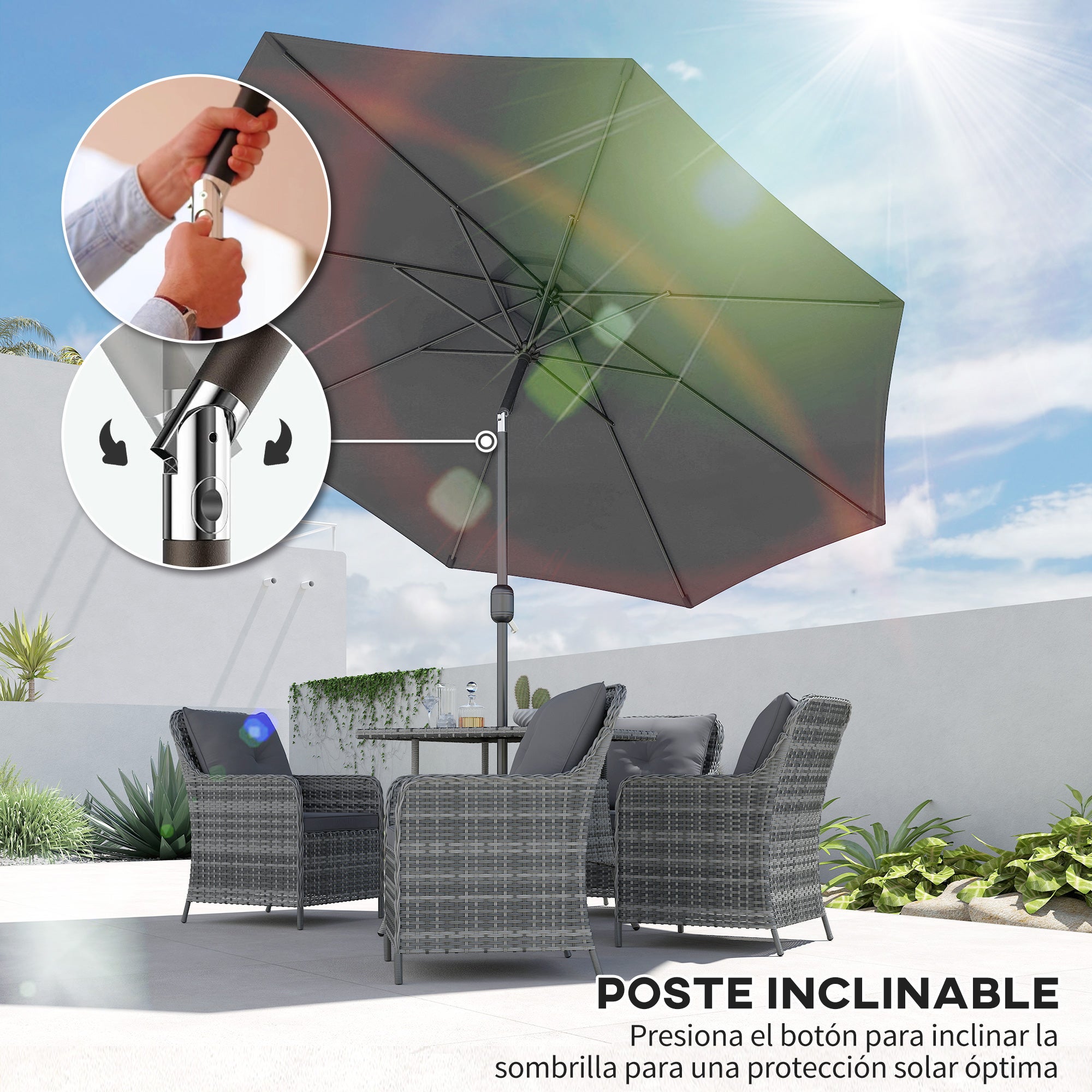 Parasol jardin Ø295x250 cm manivelle basculante, poteau métal amovible, gris foncé - 6