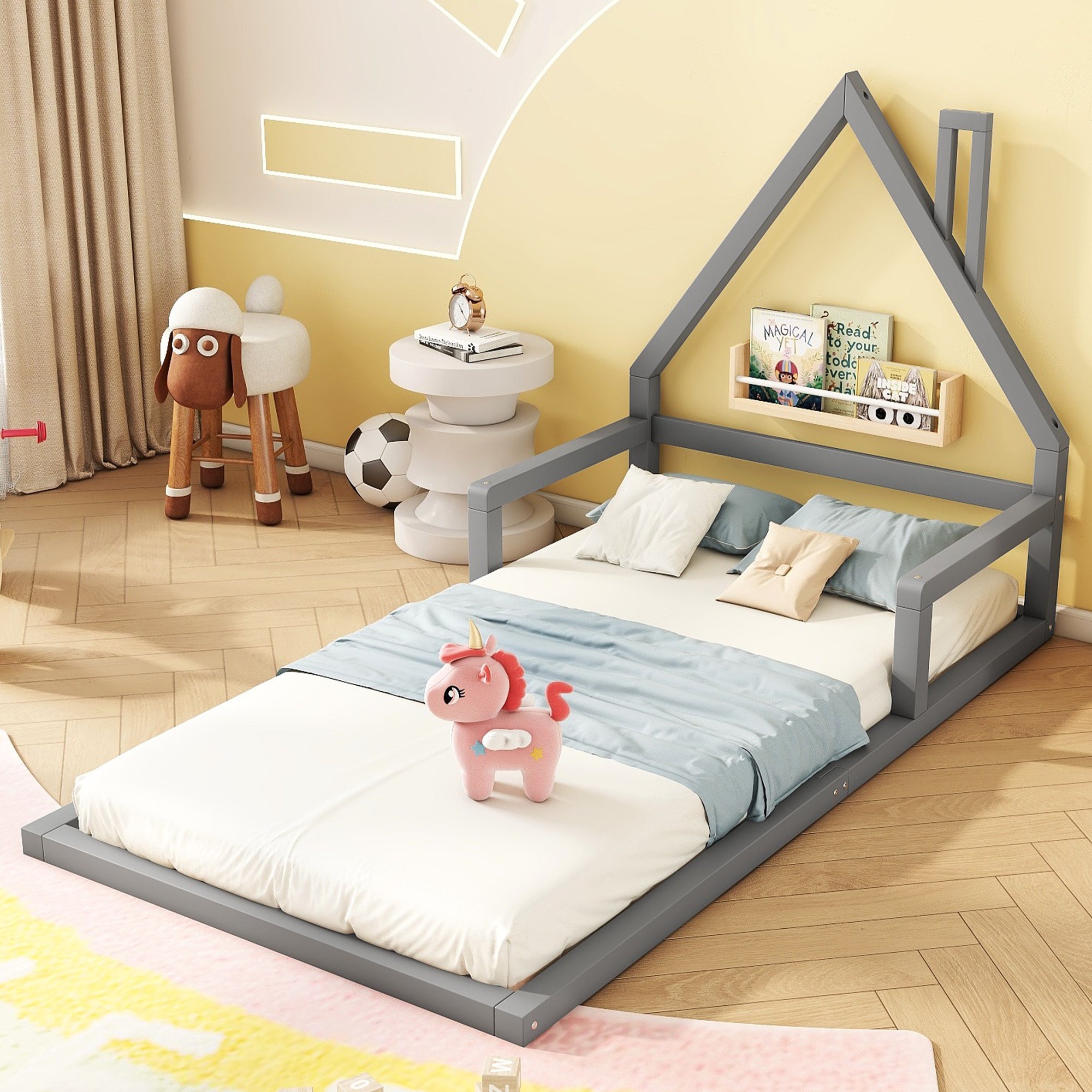 Letto A Castello In Pino Massello Per Bambini E Ragazzi 90x200 Cm Grigio: Struttura Bassa Con Ringhiera Di Sicurezza
