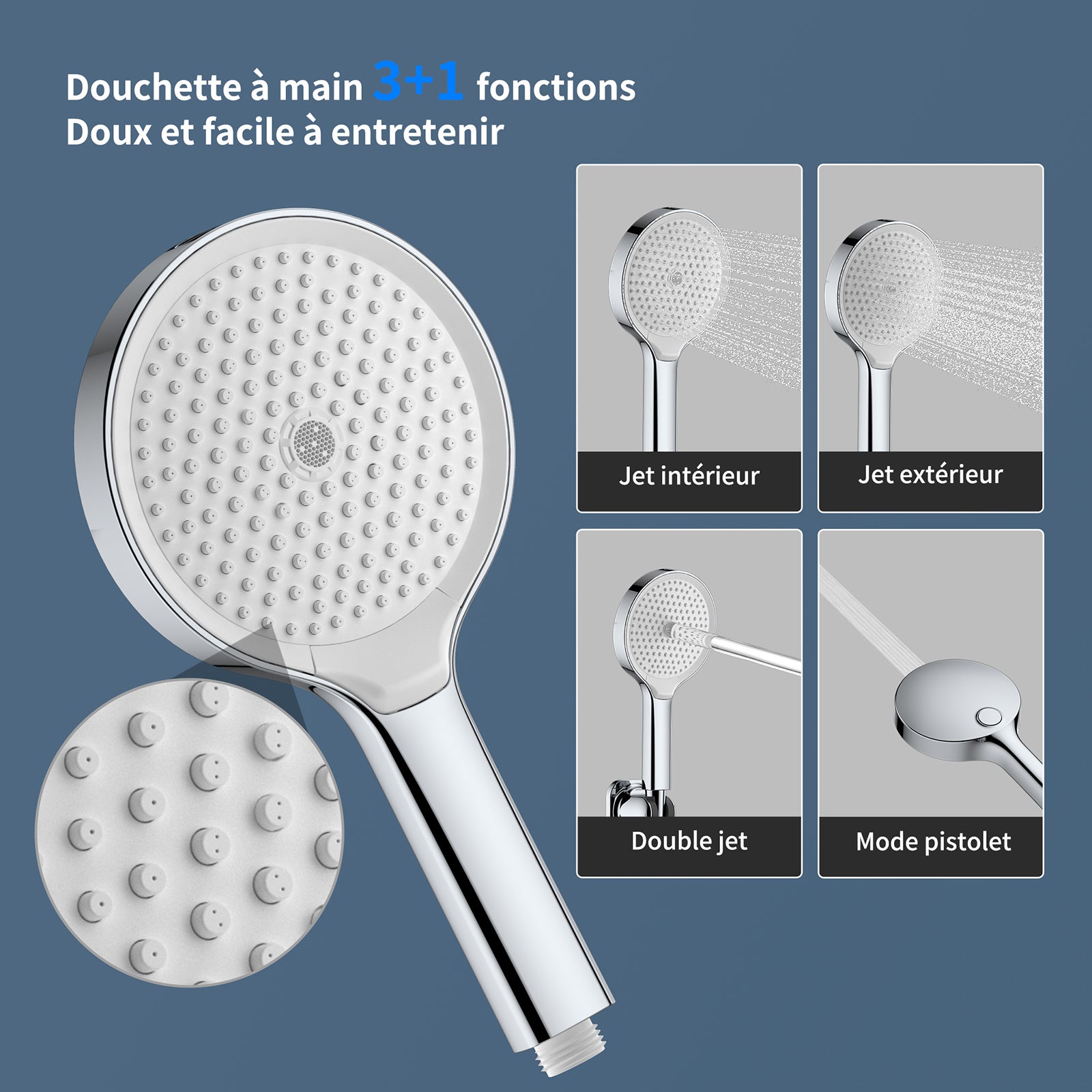 Mitigeur de Baignoire Cascade Extra-Large en Laiton avec Douchette 3+1 Modes et Étagère, Robinet Mural Chromé Grand Débit - 3