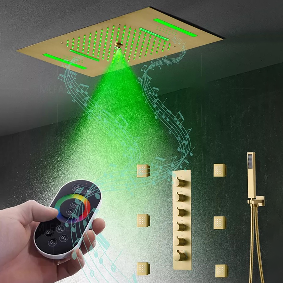 🚿 Jakarta – Ciel de pluie connecté doré avec LED et jets hydromassants - 5