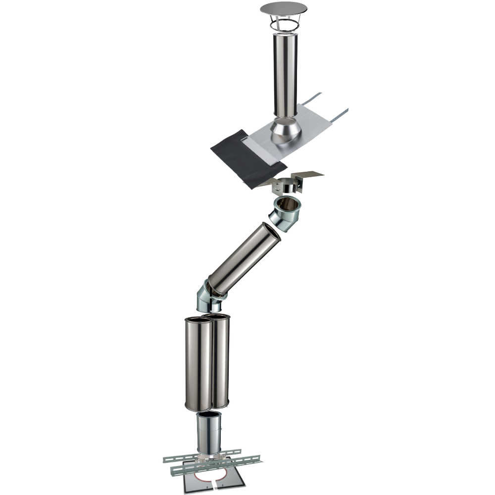 Kit conduit isolé sortie toiture avec dévoiement Inox-Galva et Inox-Inox Ø150 Poujoulat - Déport 92 cm / Longueur 452 cm - 2