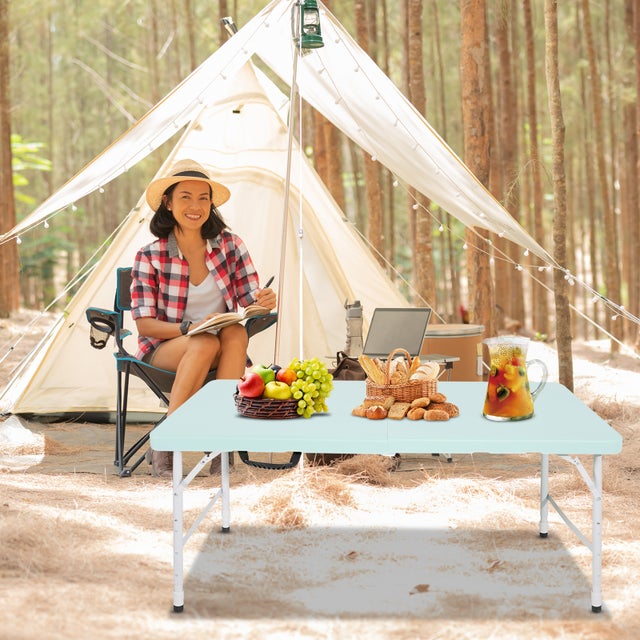 Mesa plegable, altura regulable, multifuncional, para camping y picnic, 125 x 61 x 74 cm, Azul