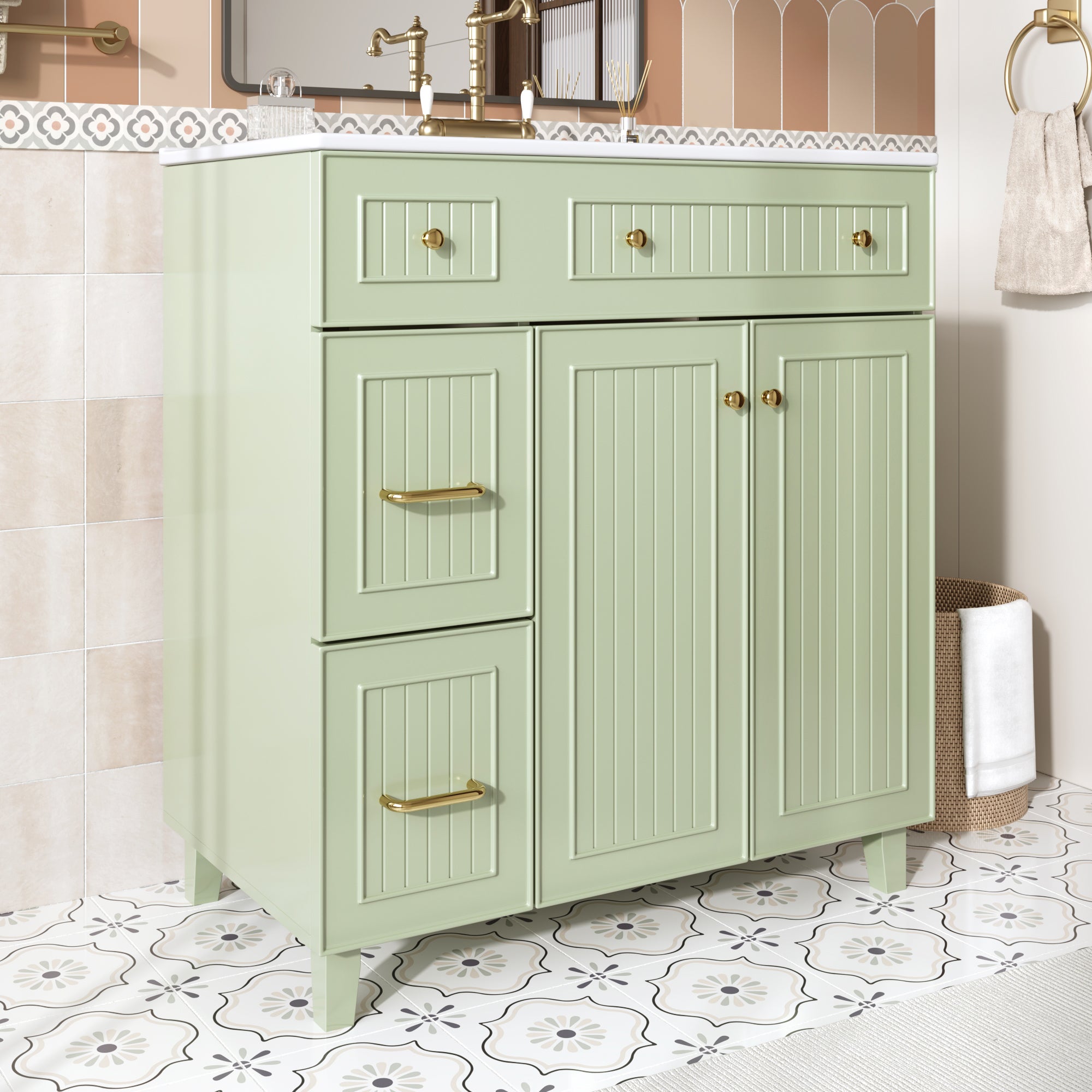 Mobile bagno con lavabo in ceramica - con 2 ante e 2 cassetti - verde (rubinetto non incluso) - 8