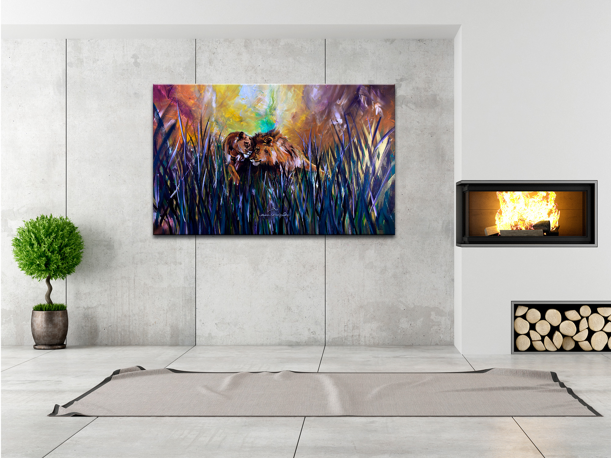 DECLINA, Tableau toile imprimée, Tableau toile reproduction peinture Lion Love, 150x100 cm - 2