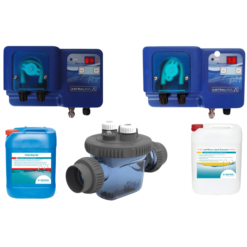 Pack Régulateur pH + Chlore ASTRALPOOL + chambre analyse + 1 Bidon 20 L Chlore + 1 Bidon pH- 20 L BAYROL - 2