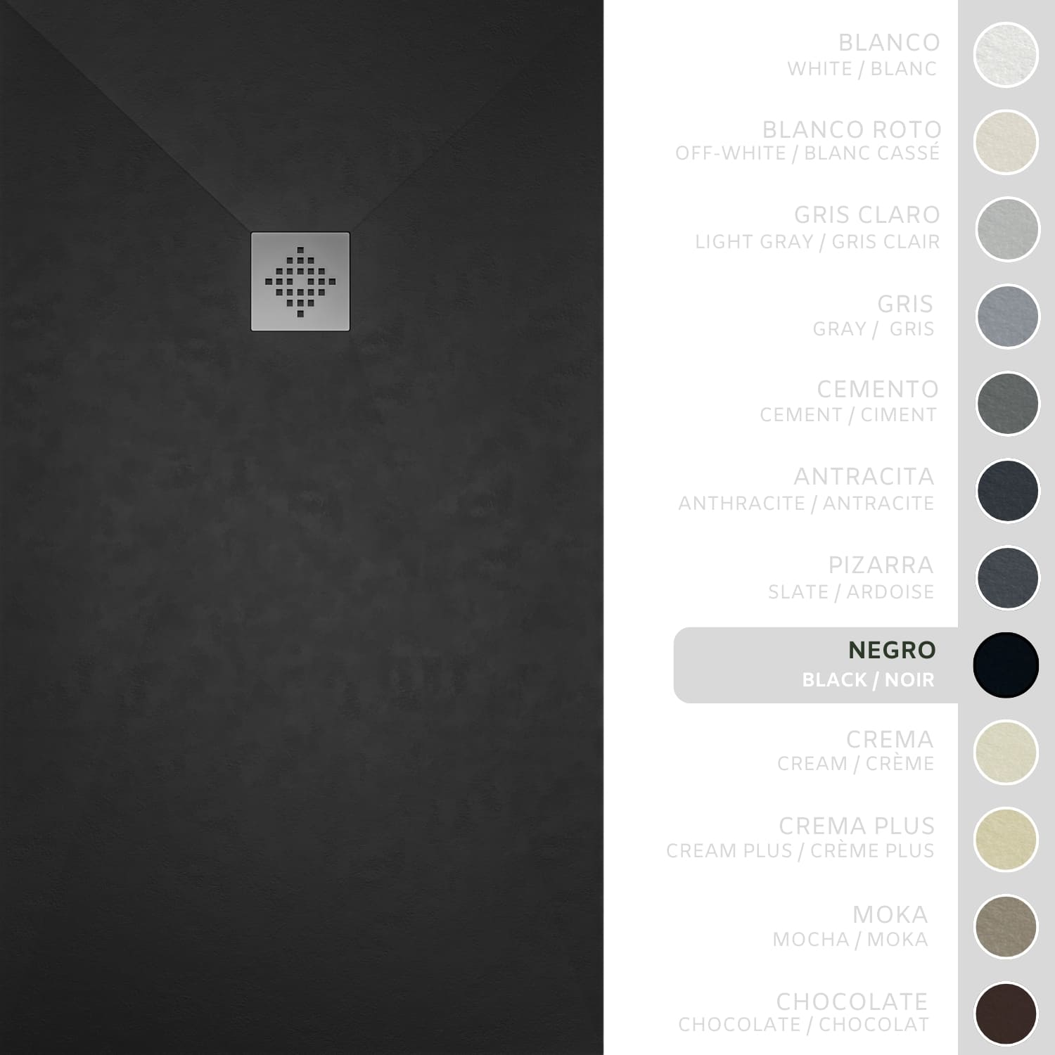 SOULHOME Brodzik prysznicowy– Żywica– Gel Coat– Gładka/Kamienna tekstura – Antypoślizgowy – Kolor czarny – 80x80- Niski 3 cm– Standard