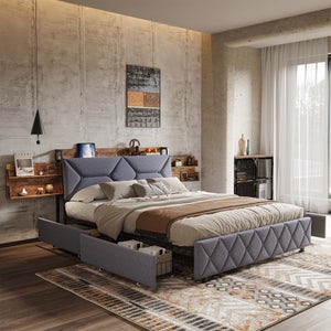 Lit Double Rembourré En Lin - 160x200cm - Lit Flottant Avec éclairage