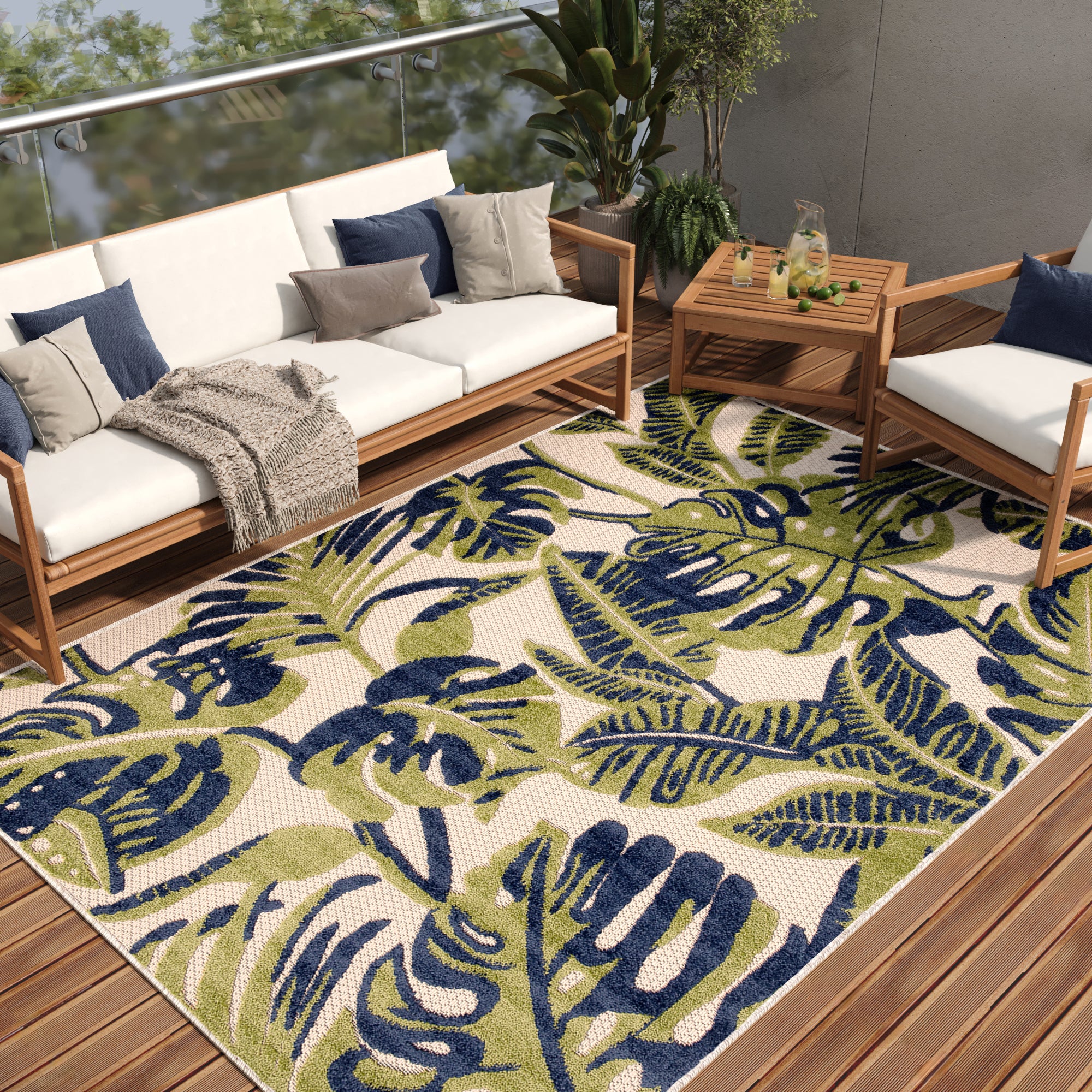 Tapiso patio alfombra exterior interior habitación cocina terazza balcón efecto 3d verde crema negro hojas pelo corto 160 x 220 cm