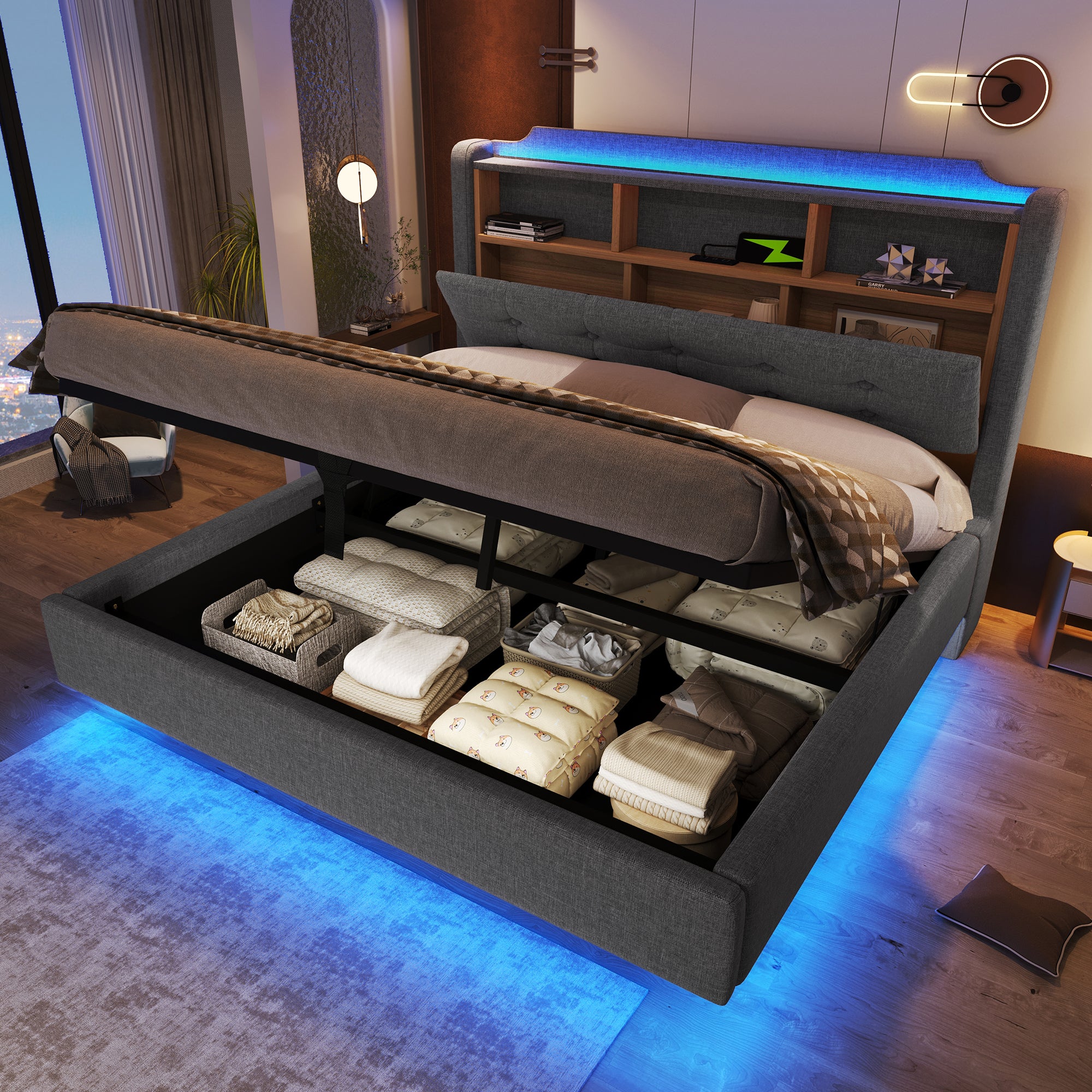 Łóżko tapicerowane ze schowkiem 140x200 cm - z oświetleniem LED - wyposażone w interfejs USB + Typ-C - tkanina lniana - kolor szary - 4