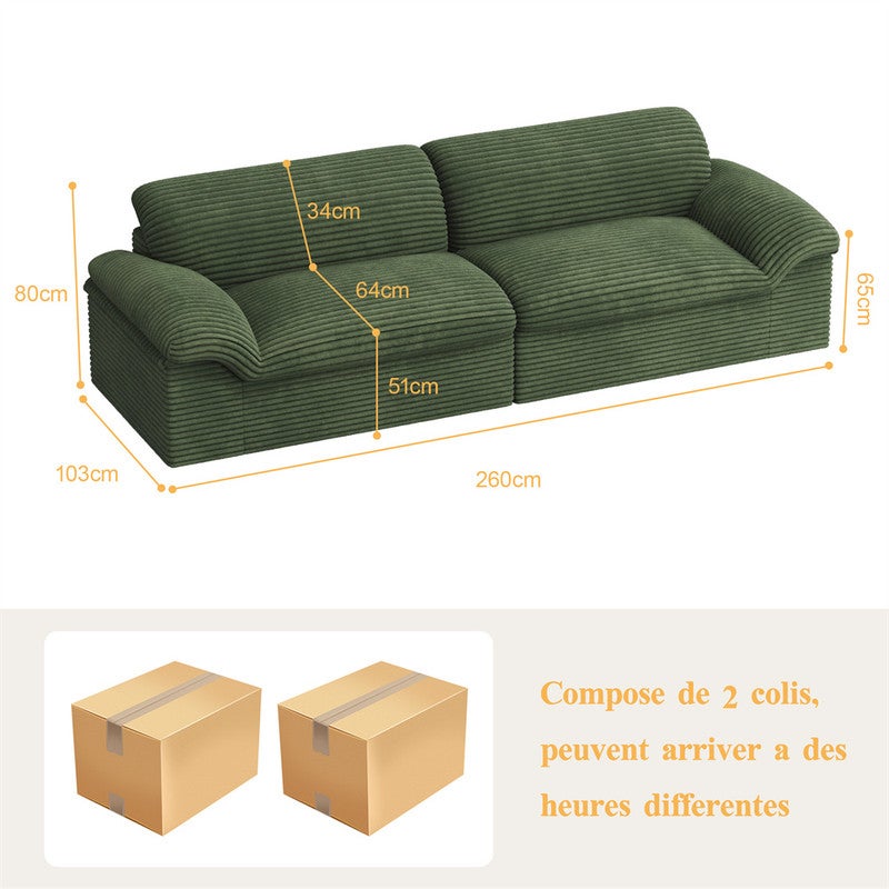 DRIPEX Canapé modulable 2/3 places en velours côtelé doux,assise profonde,sans structure,aucun montage requis,260*103*80cm,Vert - 3