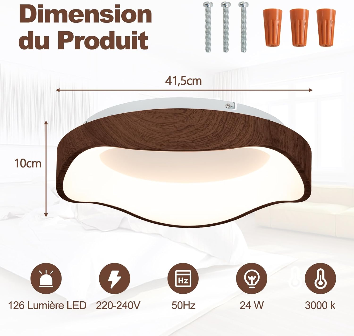 Energooszczędna lampa sufitowa LED, 24 W, z rysunkiem słojów drewna, metalowa rama i klosz, lampa wisząca 3000 K do sypialni, salonu, jadalni - 4