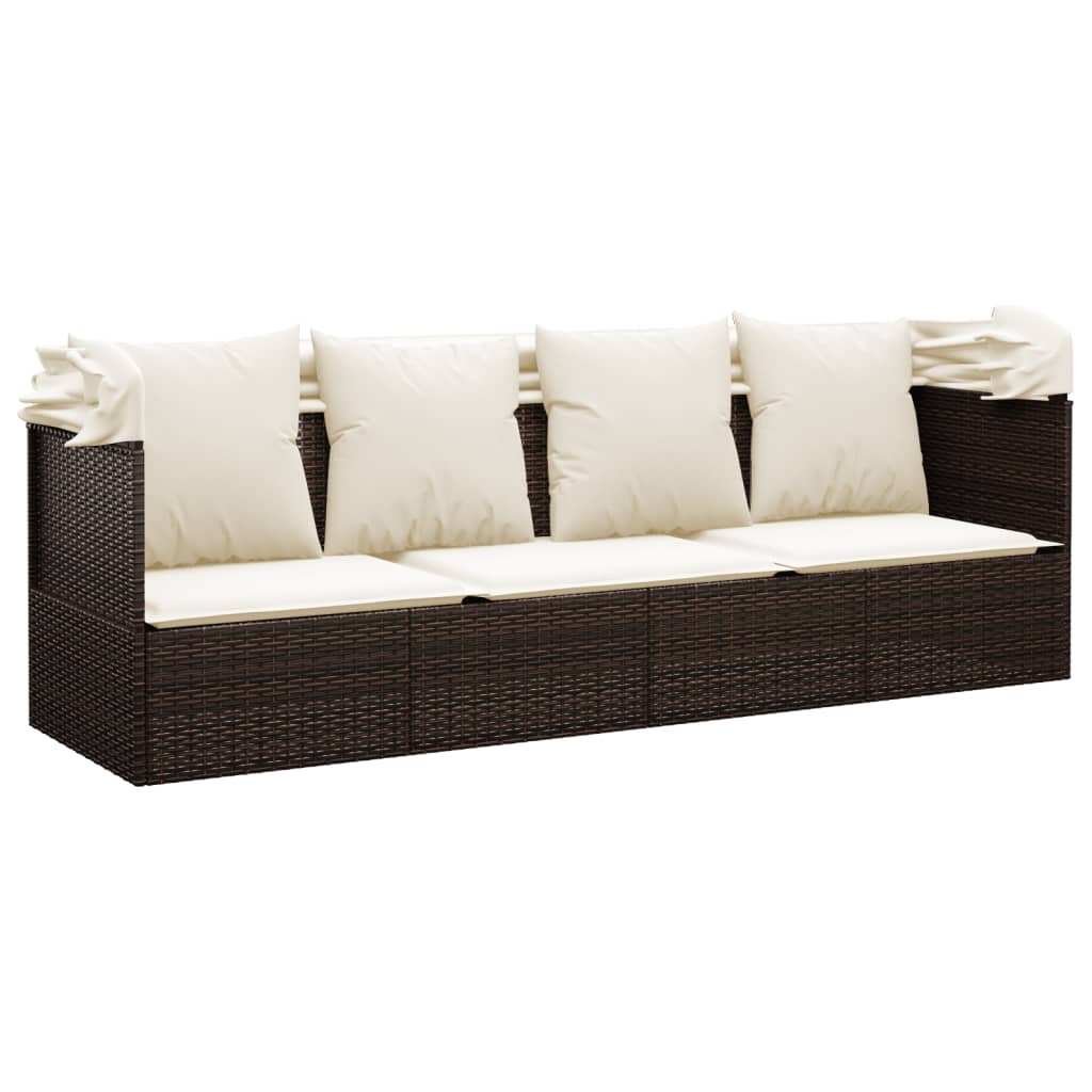 vidaXL Lit de salon d'extérieur toit et coussins Marron Résine tressée - 5