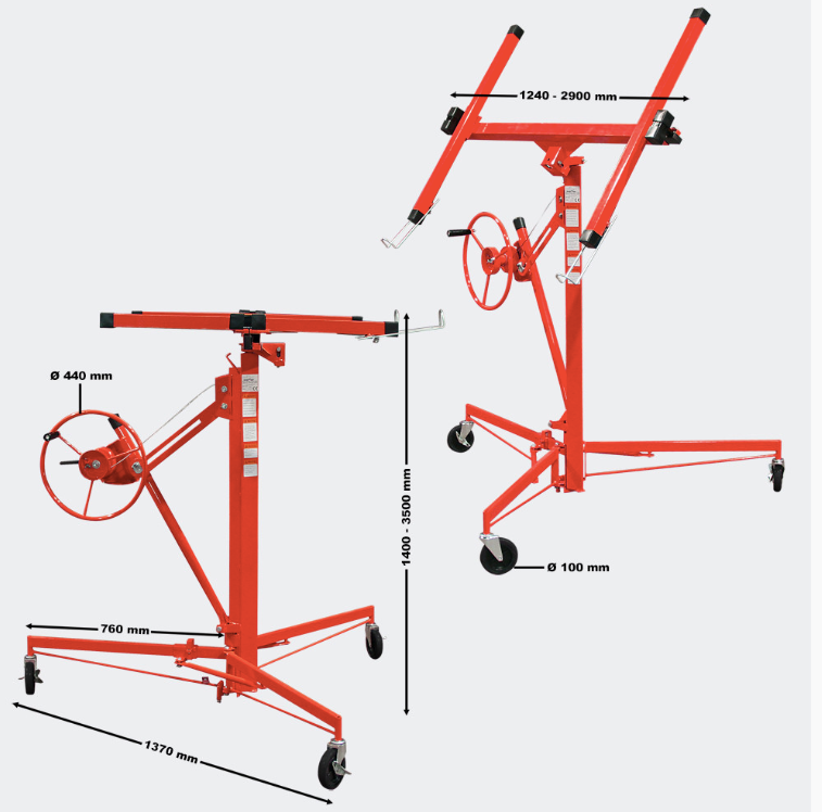 Lève-panneaux XXL rouge 68 kg pour plaques de plâtre hauteur 140-350 cm avec 3 roulettes montage facile - 4