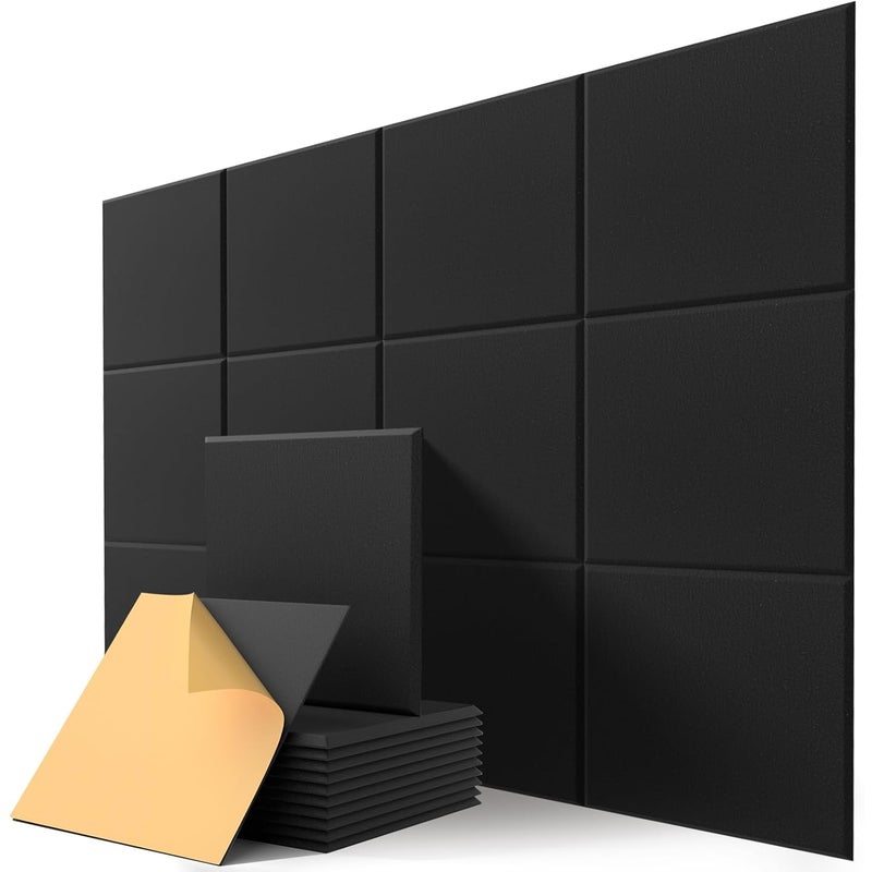 Kwadratowe panele akustyczne ścienne, samoprzylepne, 30 cm x 30 cm x 9 mm, czarne, do studiów, sypialni i domów, opakowanie 18 szt.