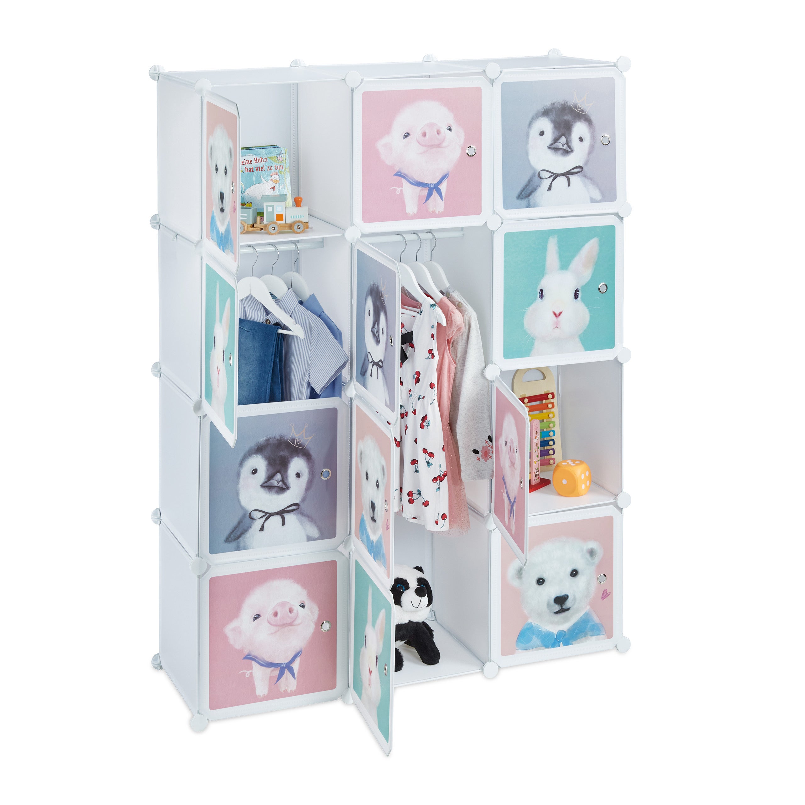 Scaffale Componibile Per Cameretta Relaxdays - 8 Scomparti, Ante Con Animali, Bianco, 145x109x37 Cm, Per Vestiti E Giocattoli