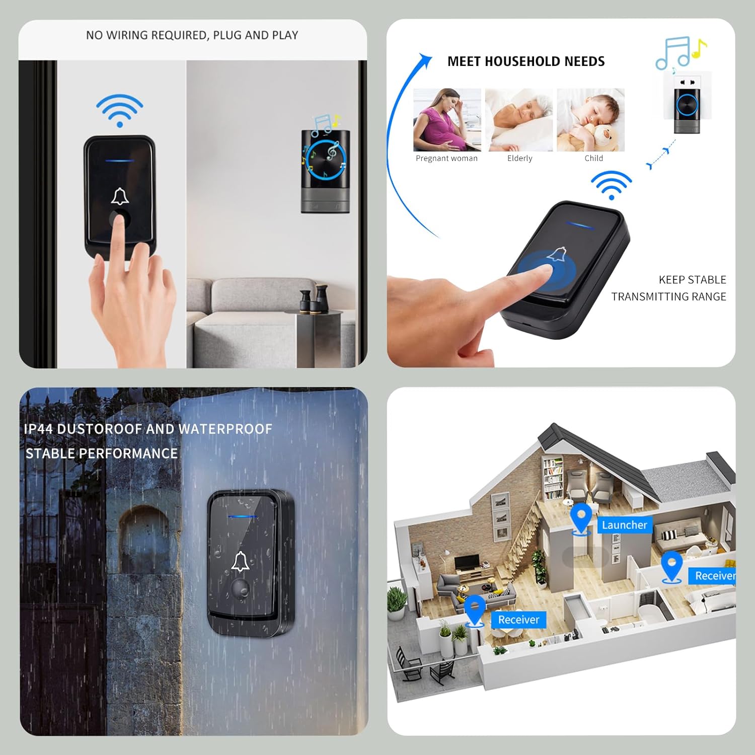 Sonnette Sans Fil, IP44 Exterieur Etanche Carillon 400 Mètres, 52 Mélodies et 4 Niveaux Volume, Kit de Carillon avec Récepteurs Enfichables, Voyant - 2