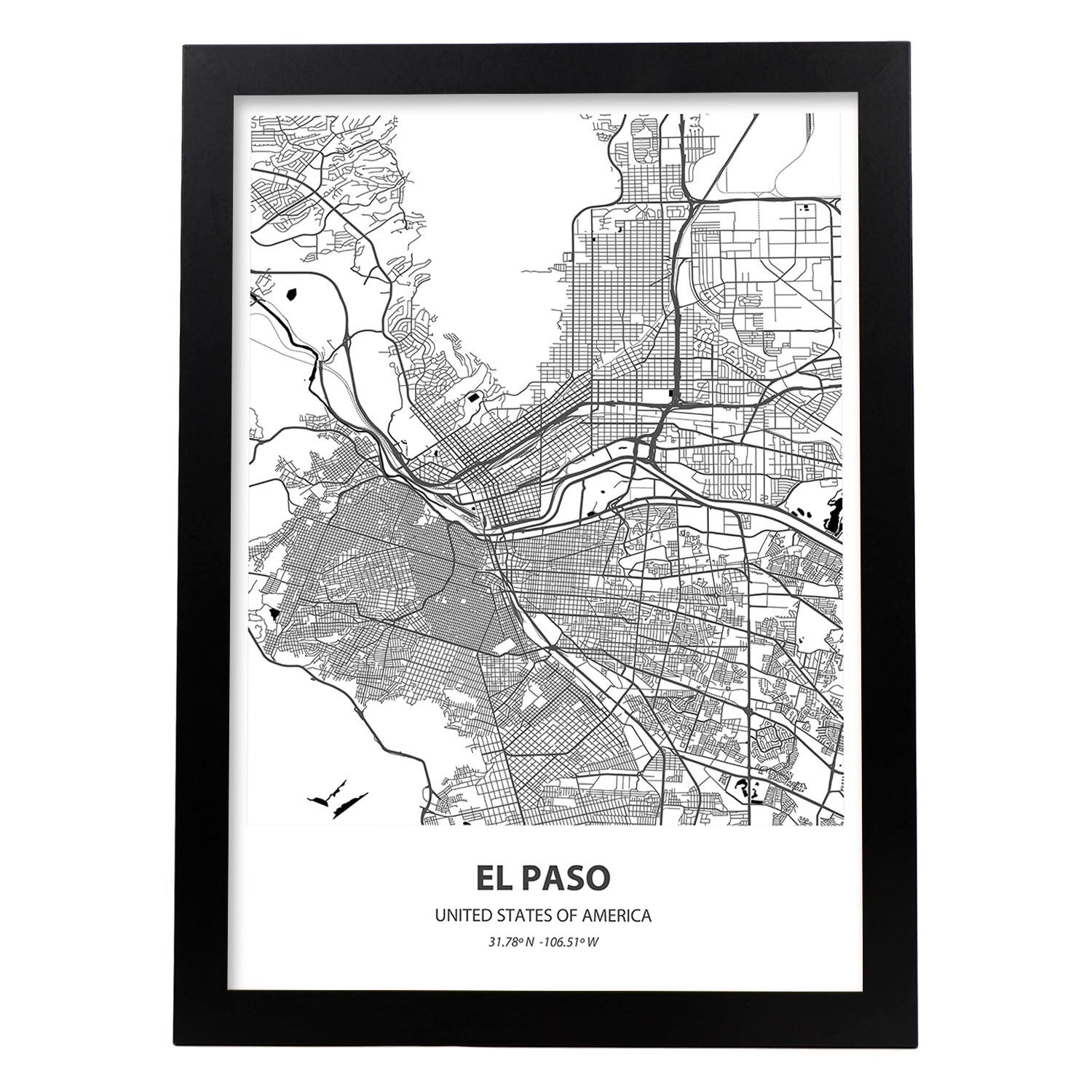 Poster con mapa de el paso usa láminas de ciudades de estados unidos con mares y ríos en color negro