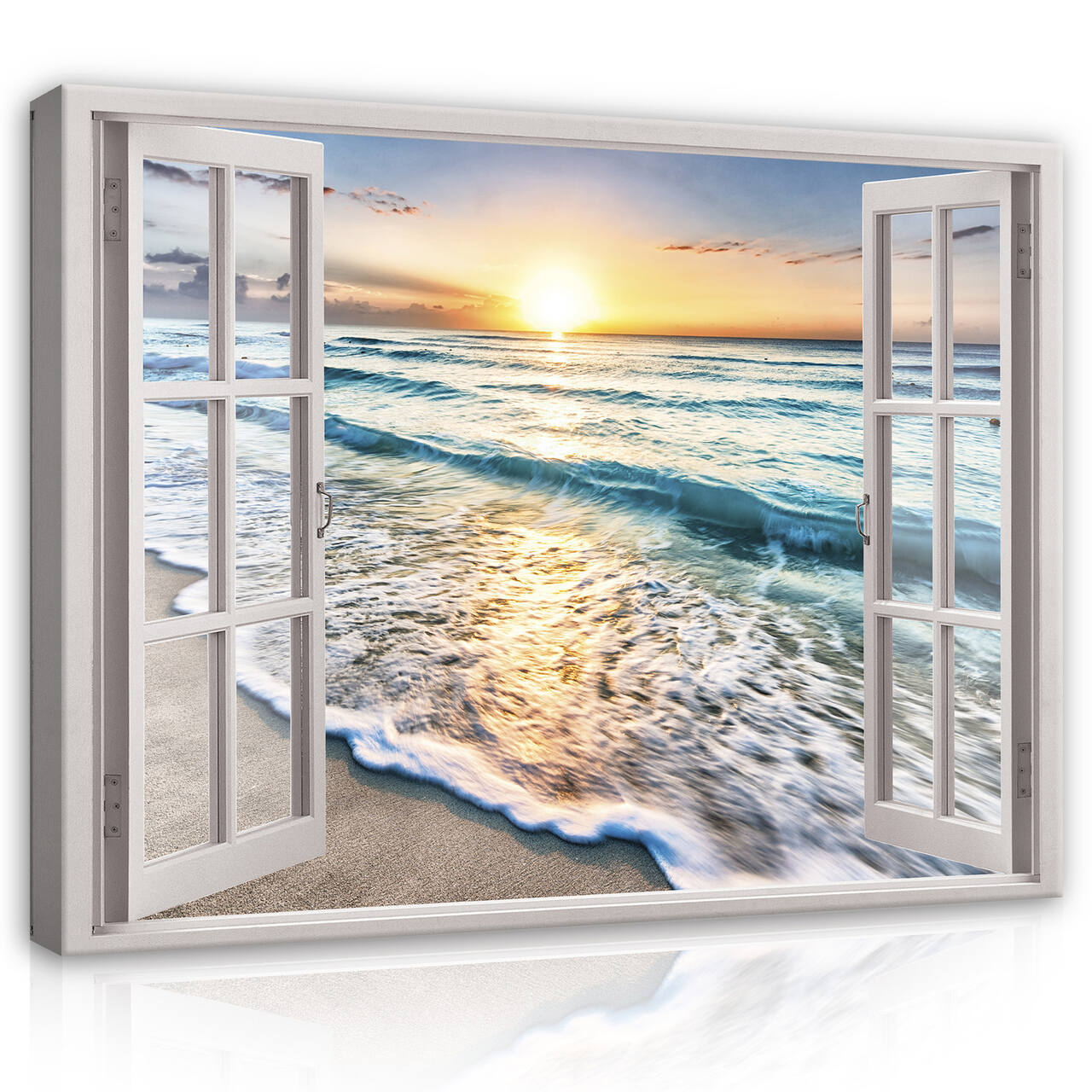 Cuadro en lienzo ventana mar playa paisaje naturaleza 100x75 cm xxl impresión en lienzo decoración de pared canvas para salón lista para colgar