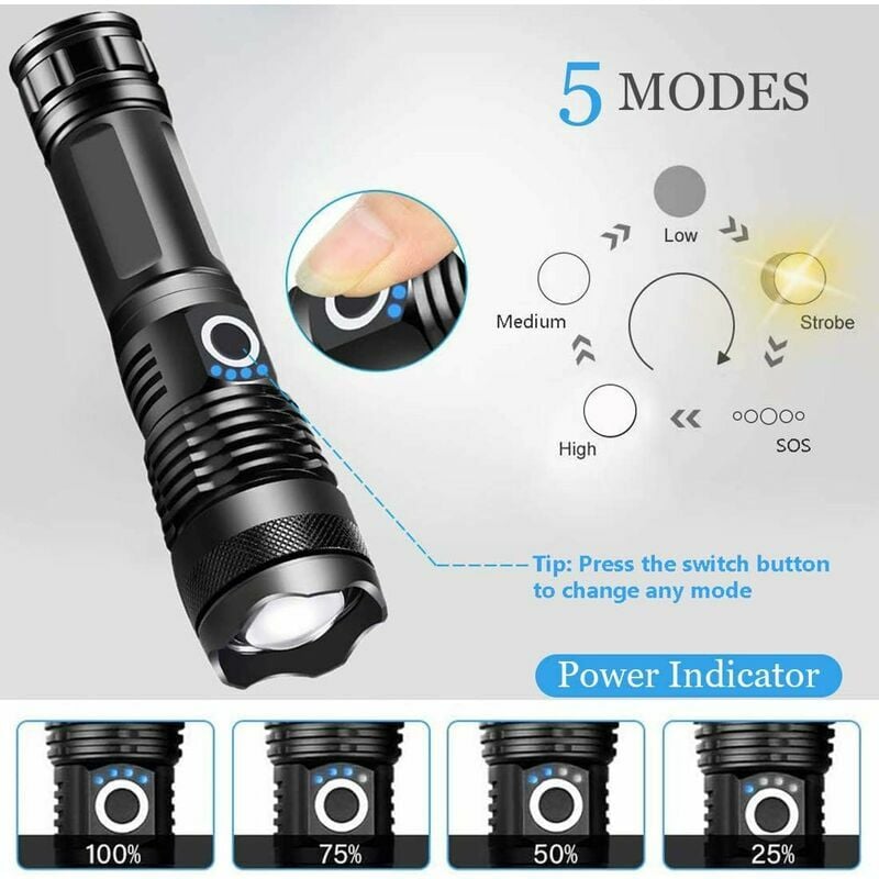 X Torcia Tattica 3000 Lumen LED L2 Super Luminoso Ricaricabile Tramite Usb 5 Modalita Di Illuminazione Supporto Per Guida Picatinny E Interruttore A P 98945963