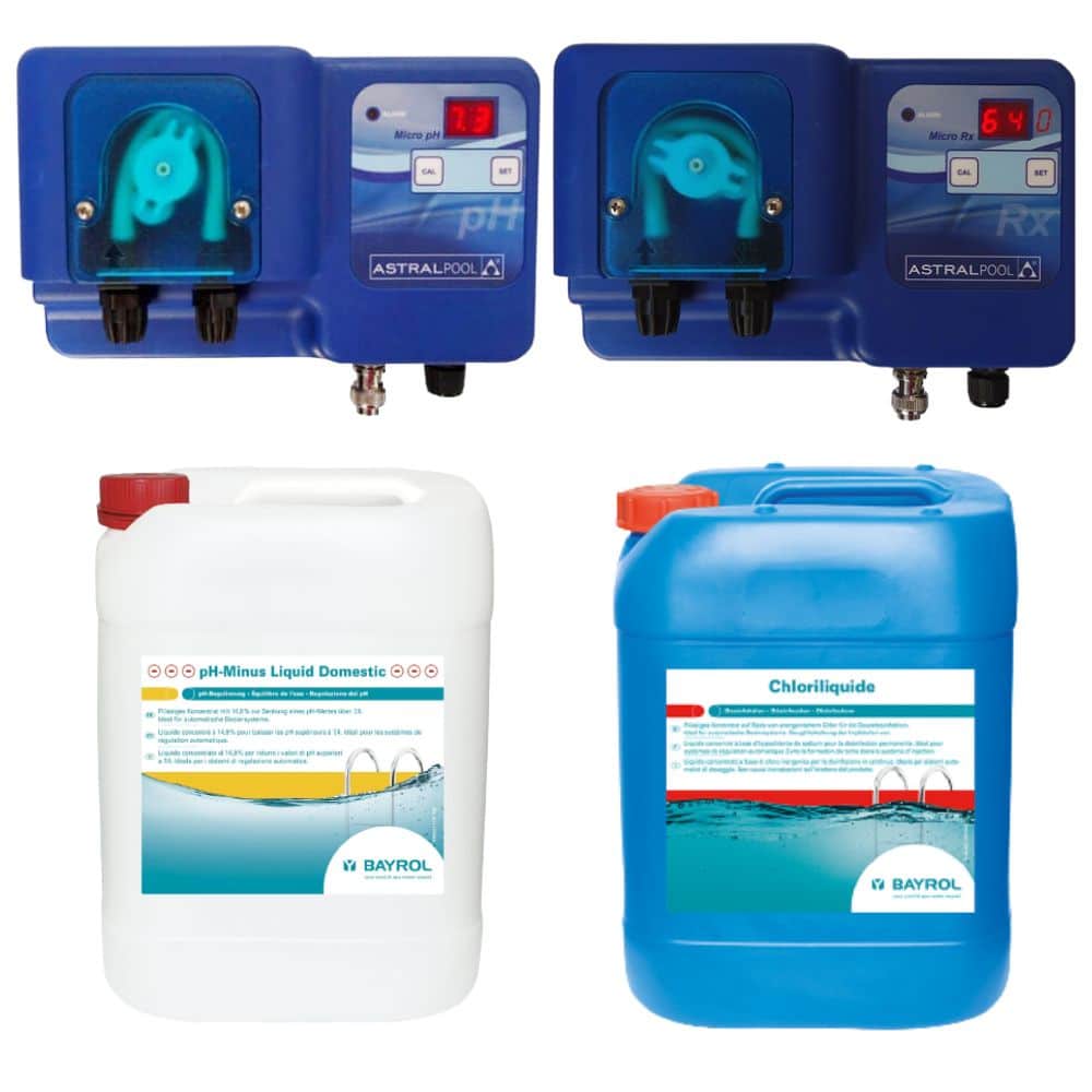 Pack Régulateur pH + Chlore ASTRALPOOL + chambre analyse + 1 Bidon 20 L Chlore + 1 Bidon pH- 20 L BAYROL - 3