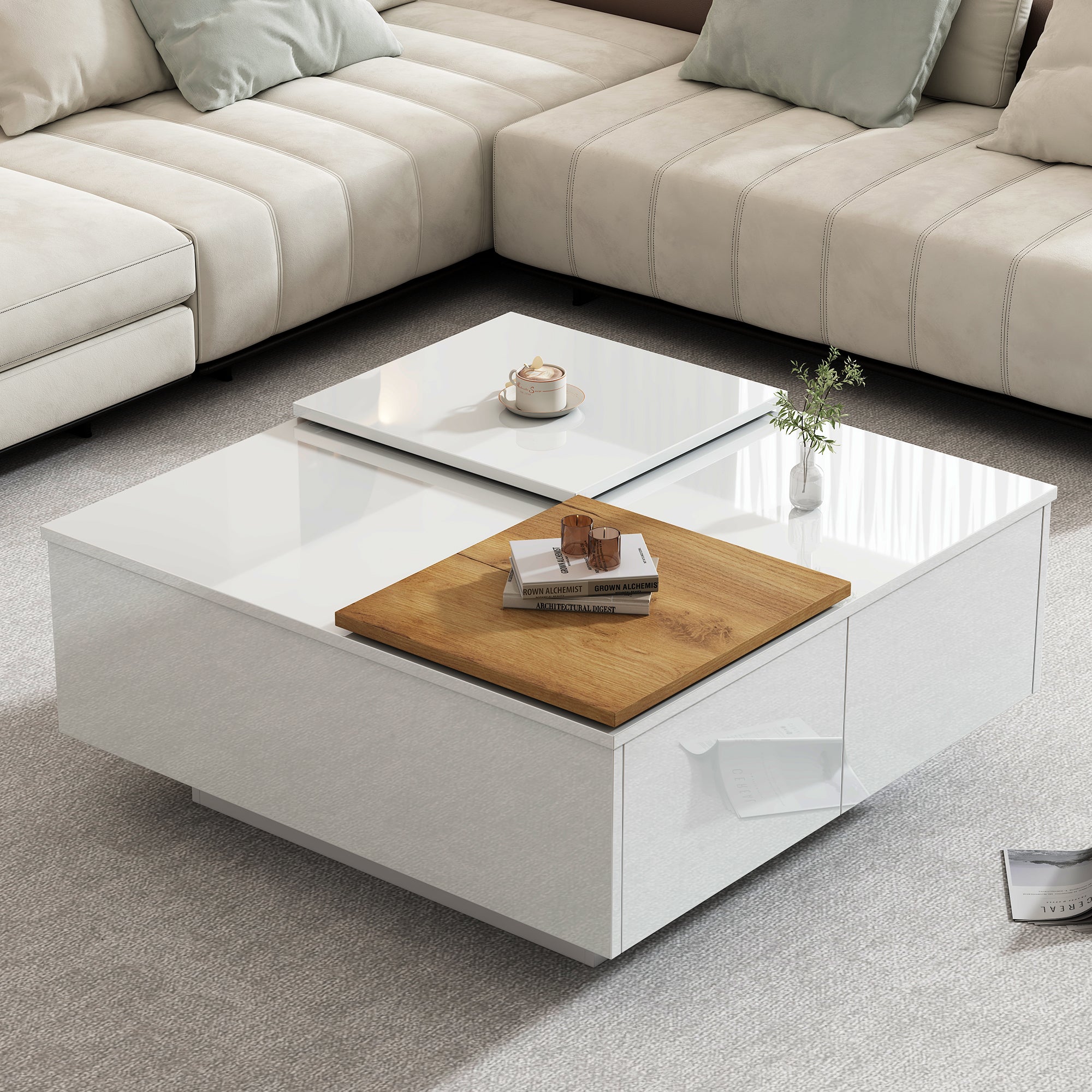 Kwadratowy stolik kawowy z 4 szufladami i 2 małymi wysuwanymi tackami - 75 x 75 x 33,5 cm - Płyta wiórowa - Biały