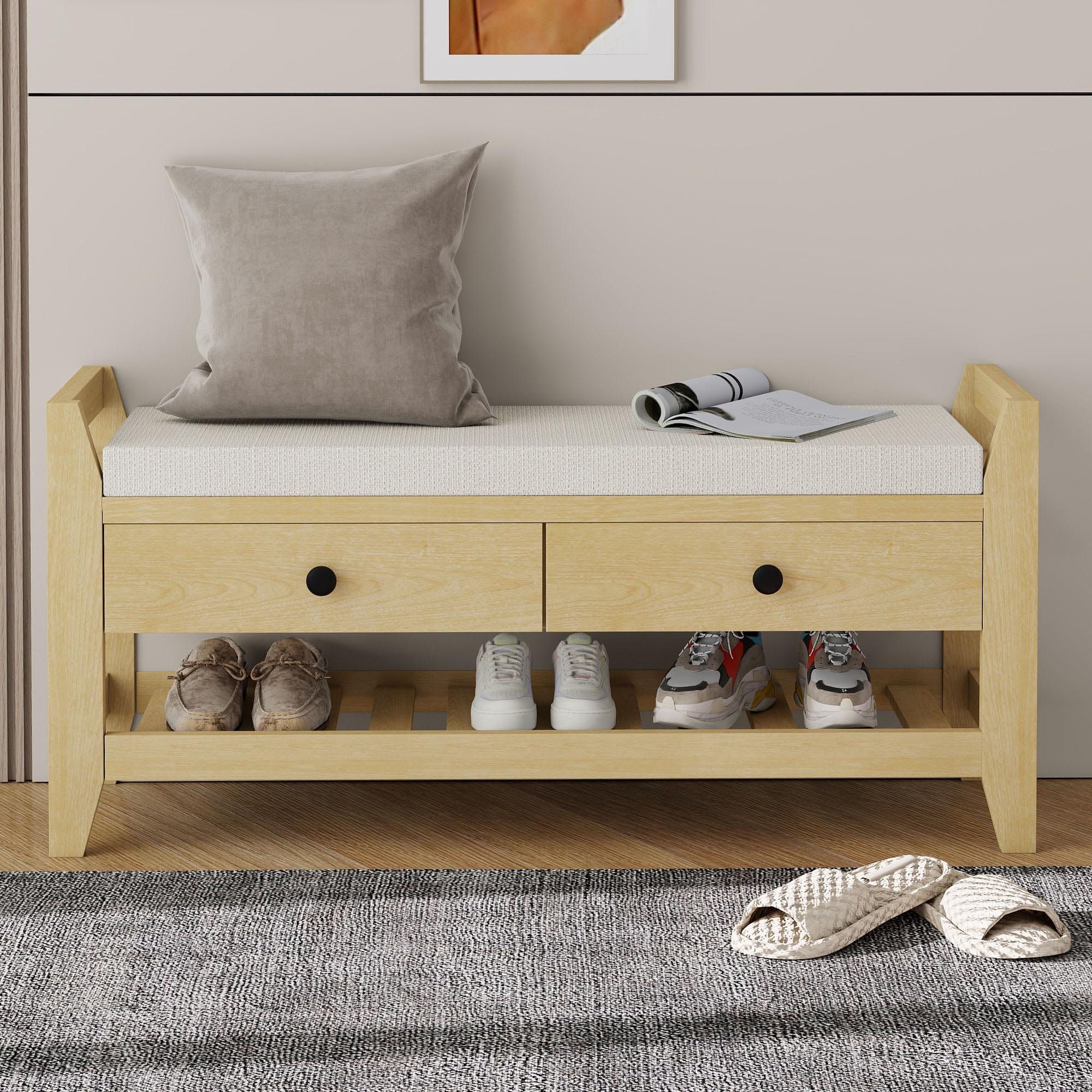 Banc à chaussur rembourré moderne blanc yellar avec armoire de rangement et étagère pour couloir|Homary Banc à chaussur rembourré moderne blanc yellar avec armoire de rangement et étagère pour couloir|Homary