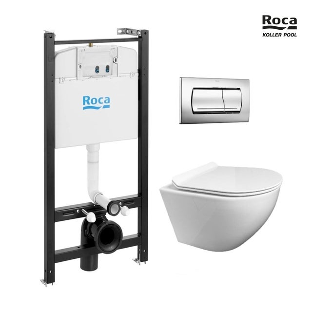 ROCA Active pack cisterna empotrada y pulsador Cromo brillo con inodoro suspendido TORNADO ROUND de KP blanco Tapa Fina