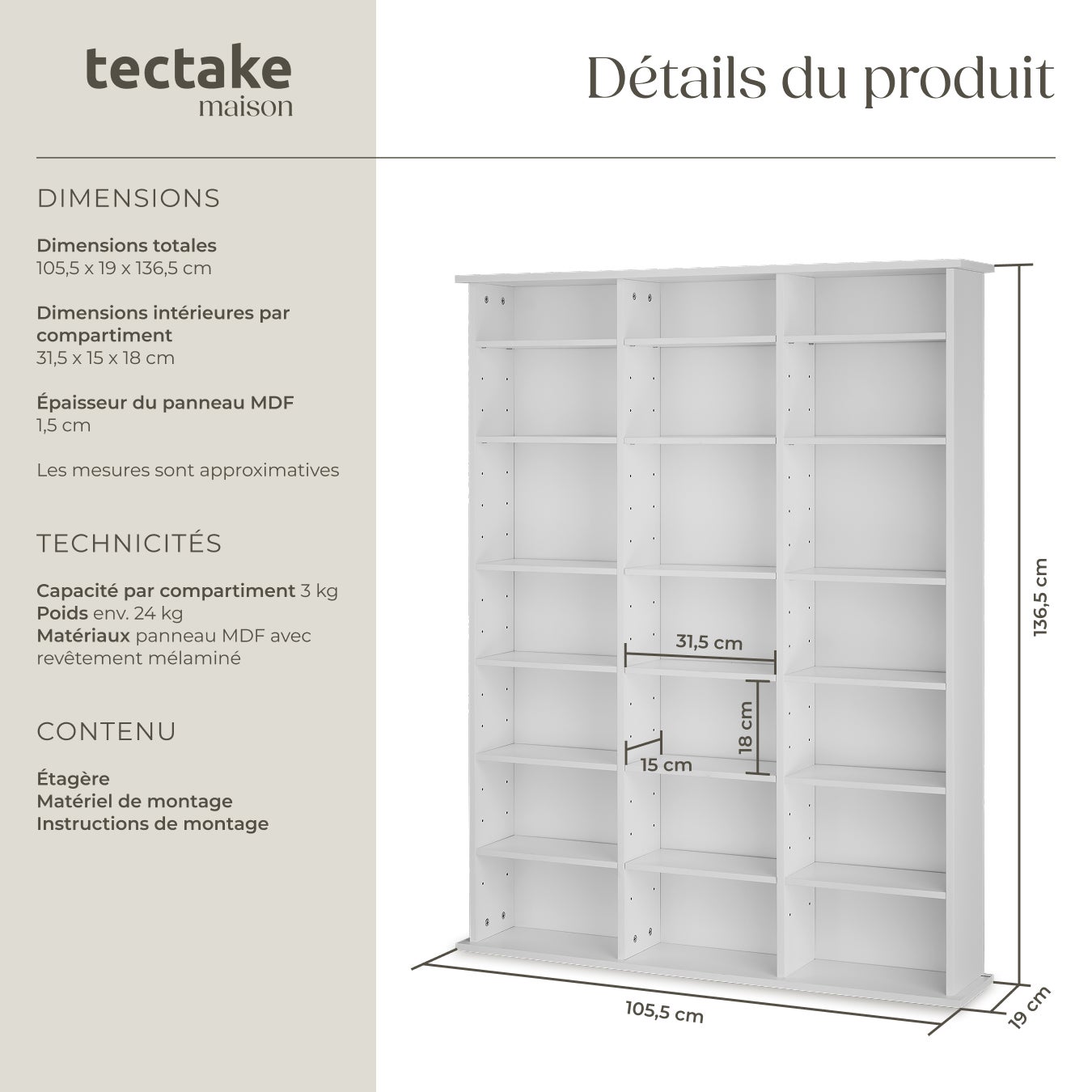 Estantería para DVDs y CDs de madera MDF con 21 espacios ajustables en altura, 105,5x19x136,5 cm, blanco mate TECTAKE - 6