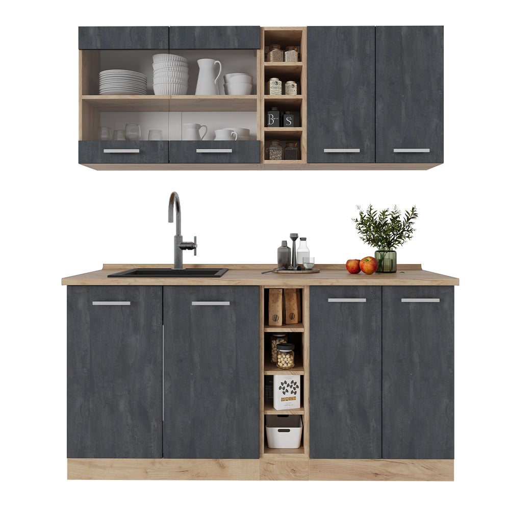 Vicco Pojedyncza kuchnia R-Line, Czarny beton/złoty dąb, 160 cm BP Dąb