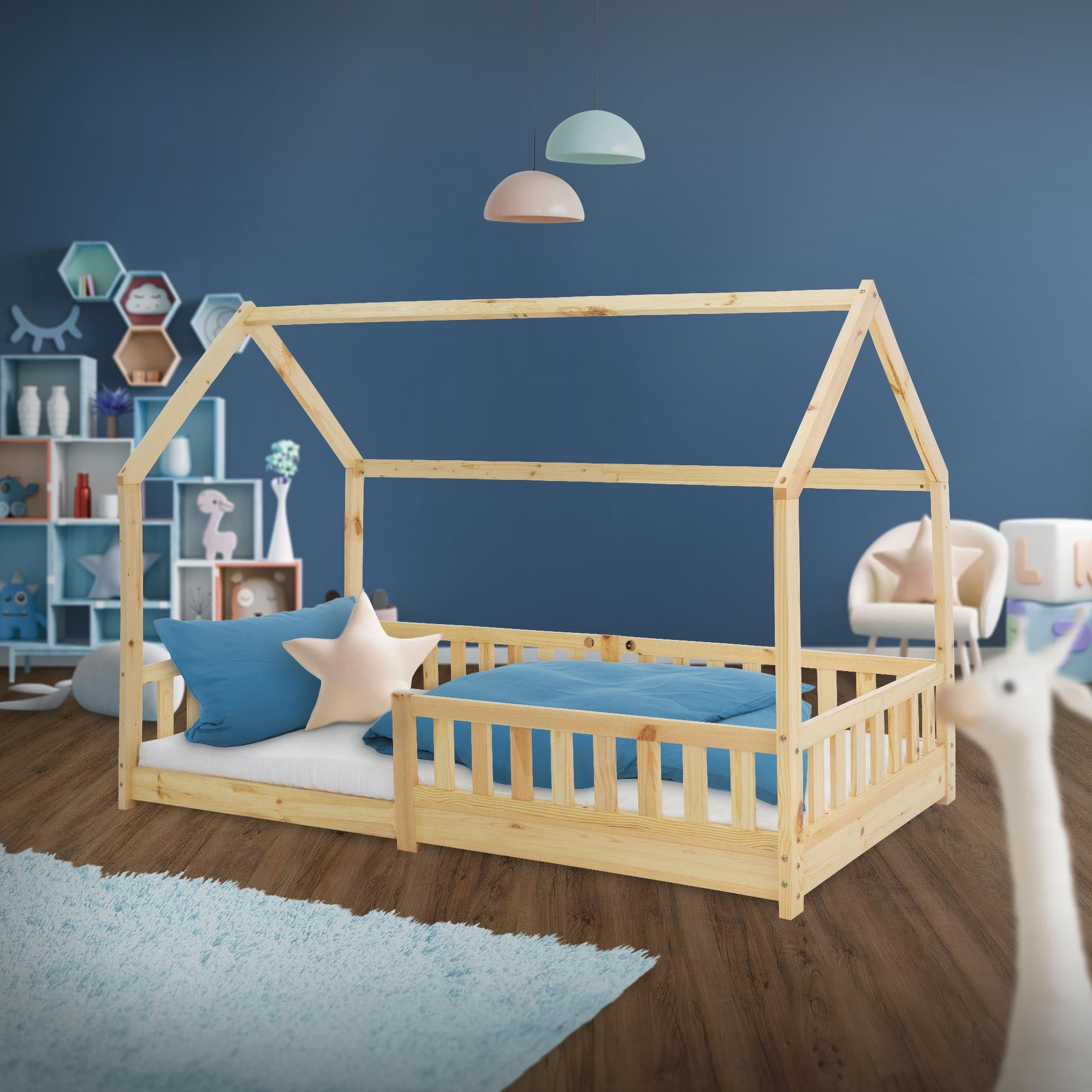 Lit cabane enfant 90x200 cm naturel en bois massif avec protection antichute, toit et sommier à lattes, couchage au bas maisonnette - 5