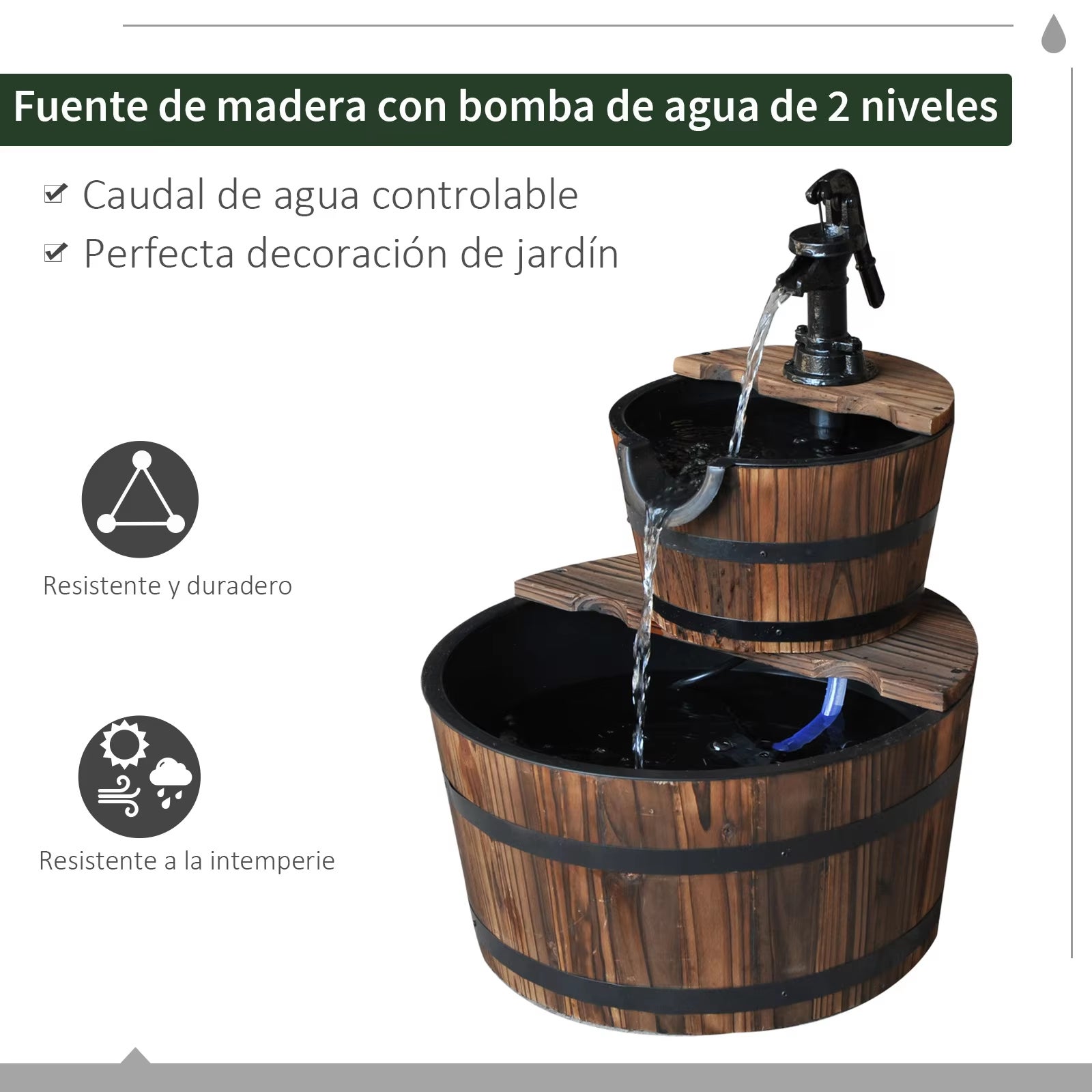 AUTRUCKER Fonte em Cascata de 2 Níveis com Bomba Elétrica — Fonte em Formato de Barril para Decoração de Jardins, Pátios e Quintais - 3