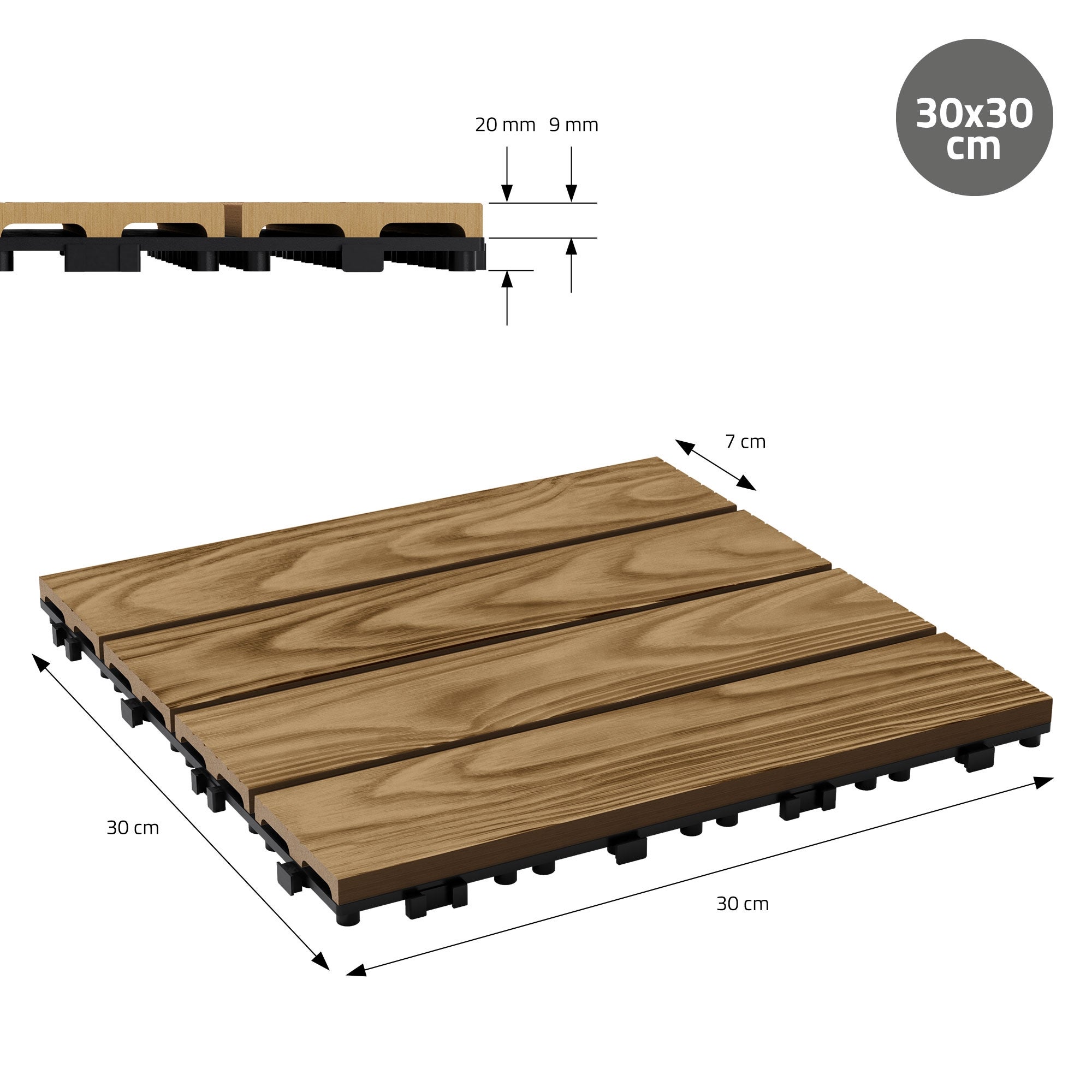 ECD Germany plytki tarasowe wpc 30x30 cm 55 sztuk 5m² kwadratowy teak panele podłogowe klik odpływ wodny balkon taras ogród patio weranda - 7